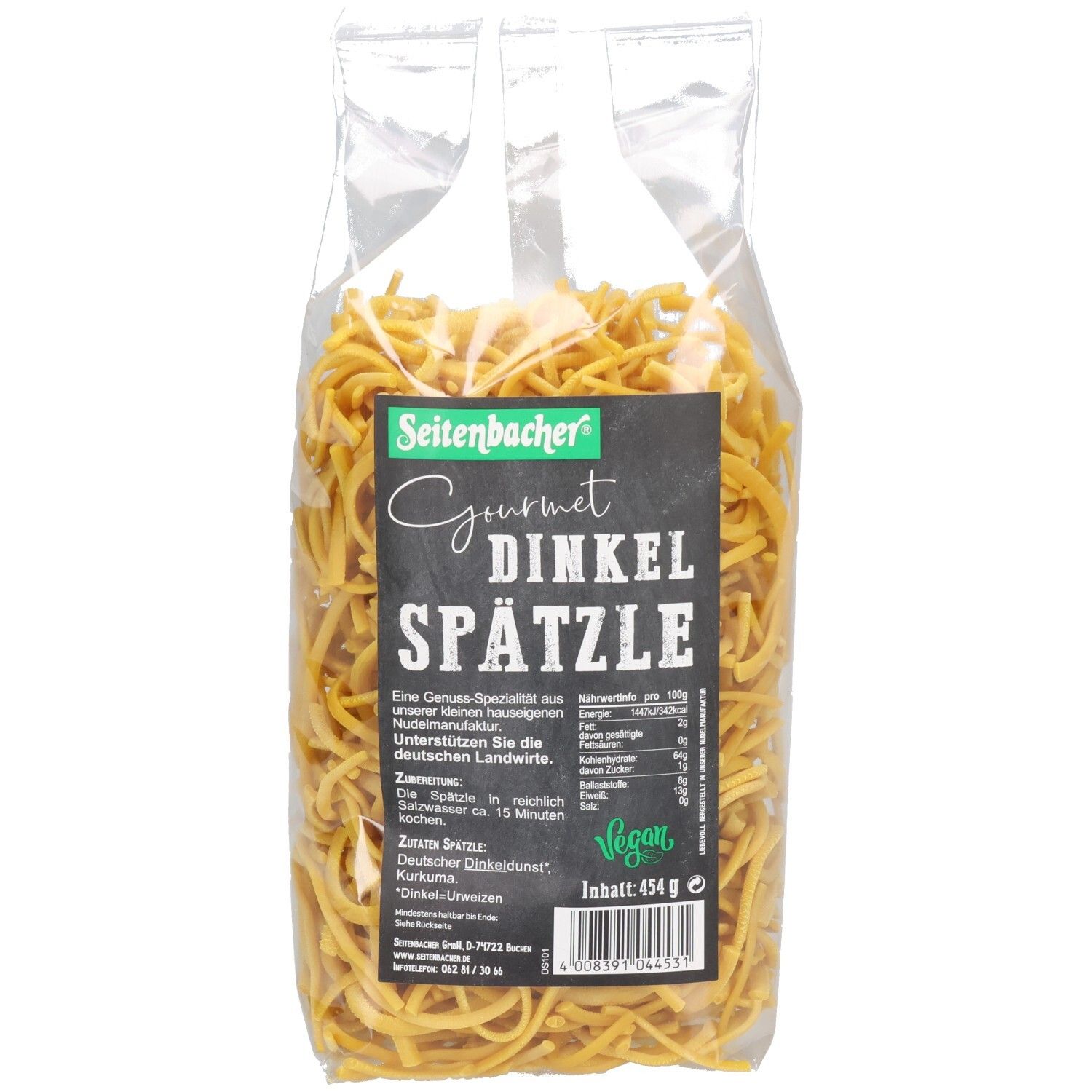 Emballage transparent de spätzle. Impression: Seitenbacher Gourmet Dinkel Spätzle. Label végan. Contenu: 454g.