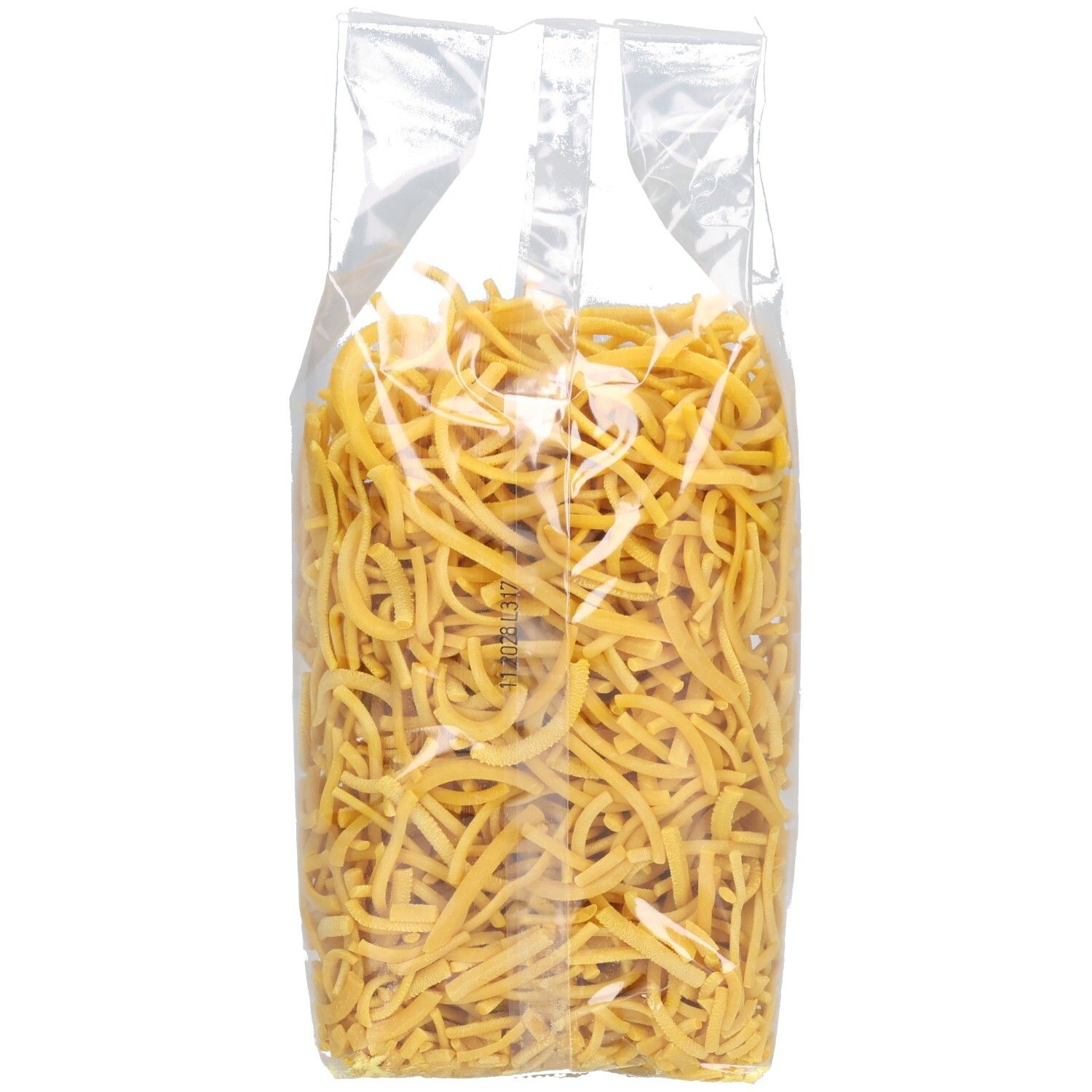 Emballage transparent de spätzle. Contenu visible. Aucun autre détail.