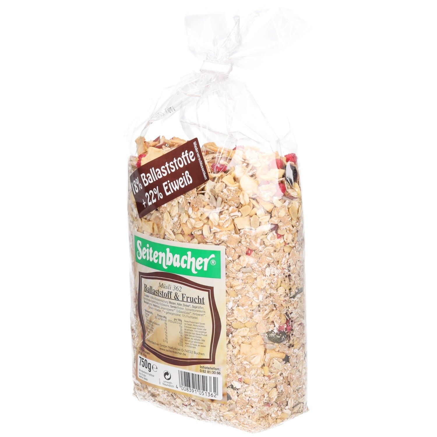 Transparente Tüte mit Müsli. Seitenbacher-Logo und Produktbezeichnung "Ballaststoff & Frucht" sichtbar. 750g.