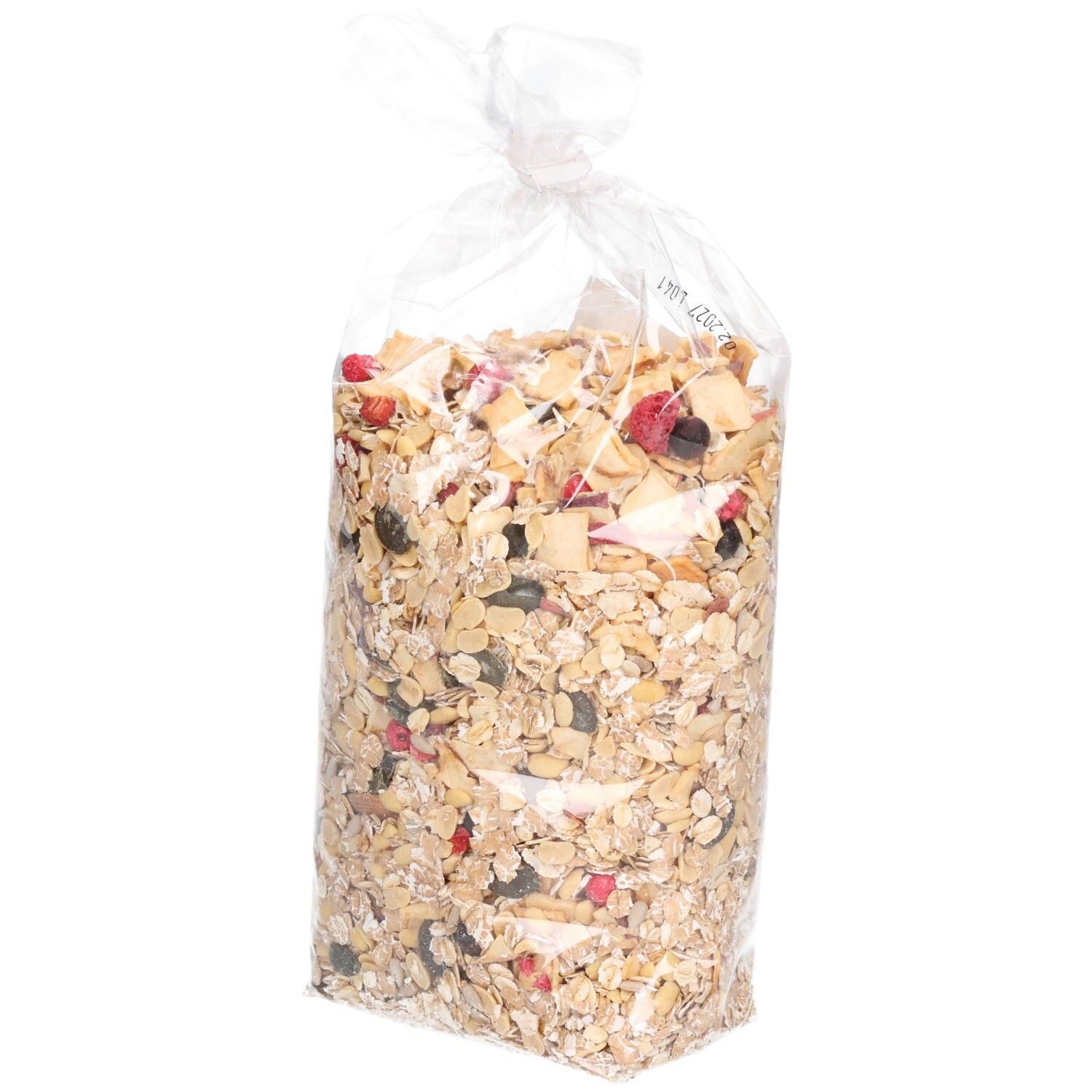 Transparente Tüte mit Müsli. Seitenbacher-Logo und Produktbezeichnung "Ballaststoff & Frucht" sichtbar. 750g.
