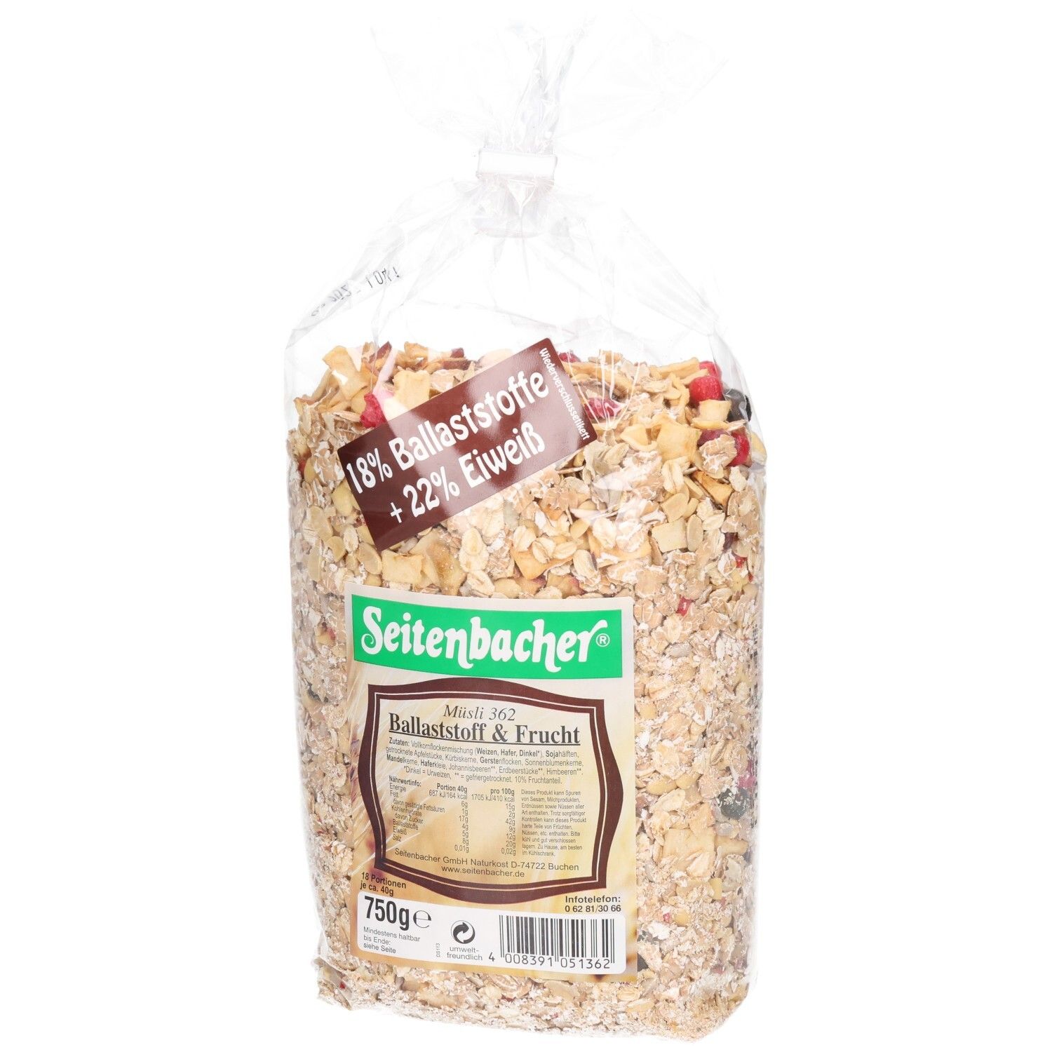 Transparente Tüte mit Müsli. Seitenbacher-Logo und Produktbezeichnung "Ballaststoff & Frucht" sichtbar. 750g.