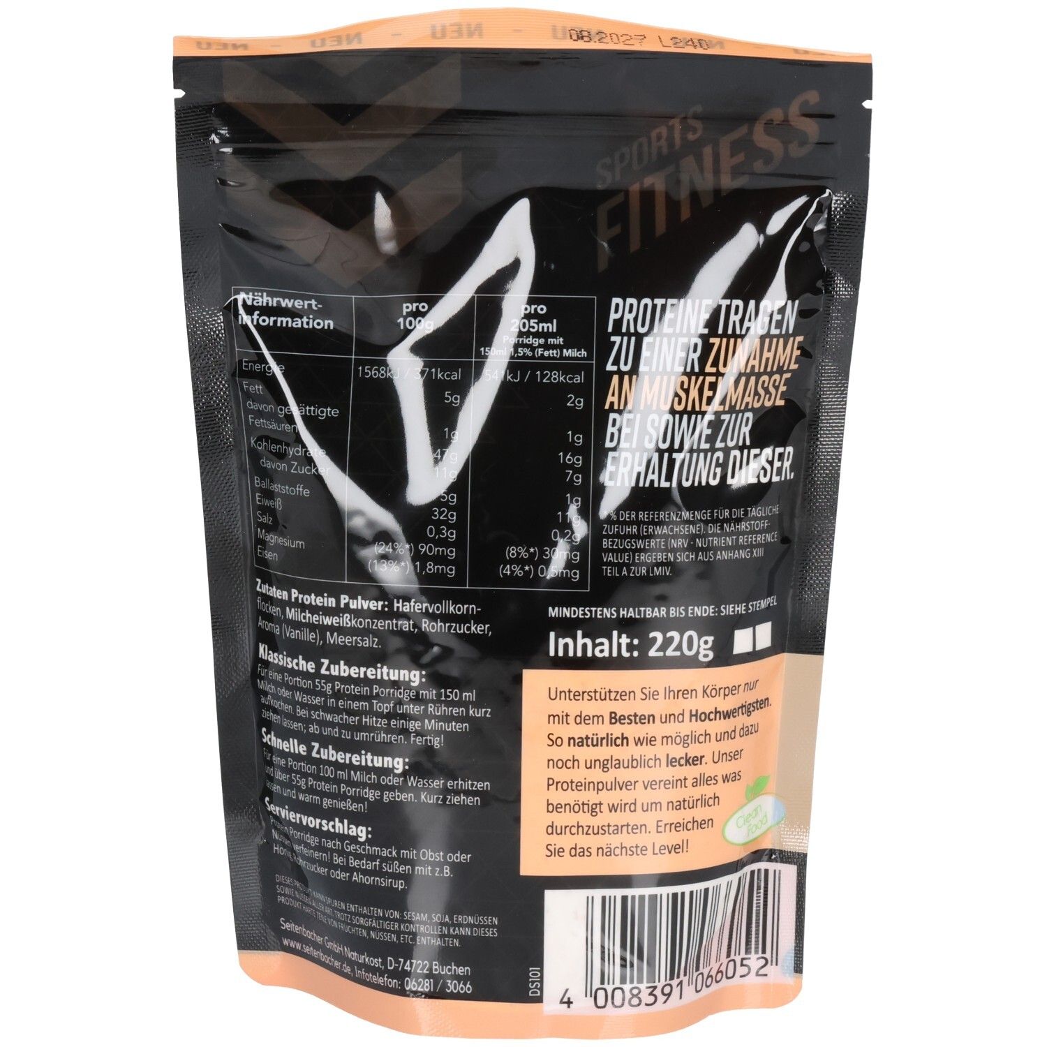 Rückseite der Verpackung mit Nährwertinformationen und Text. Enthält Text über Protein und Haltbarkeit.