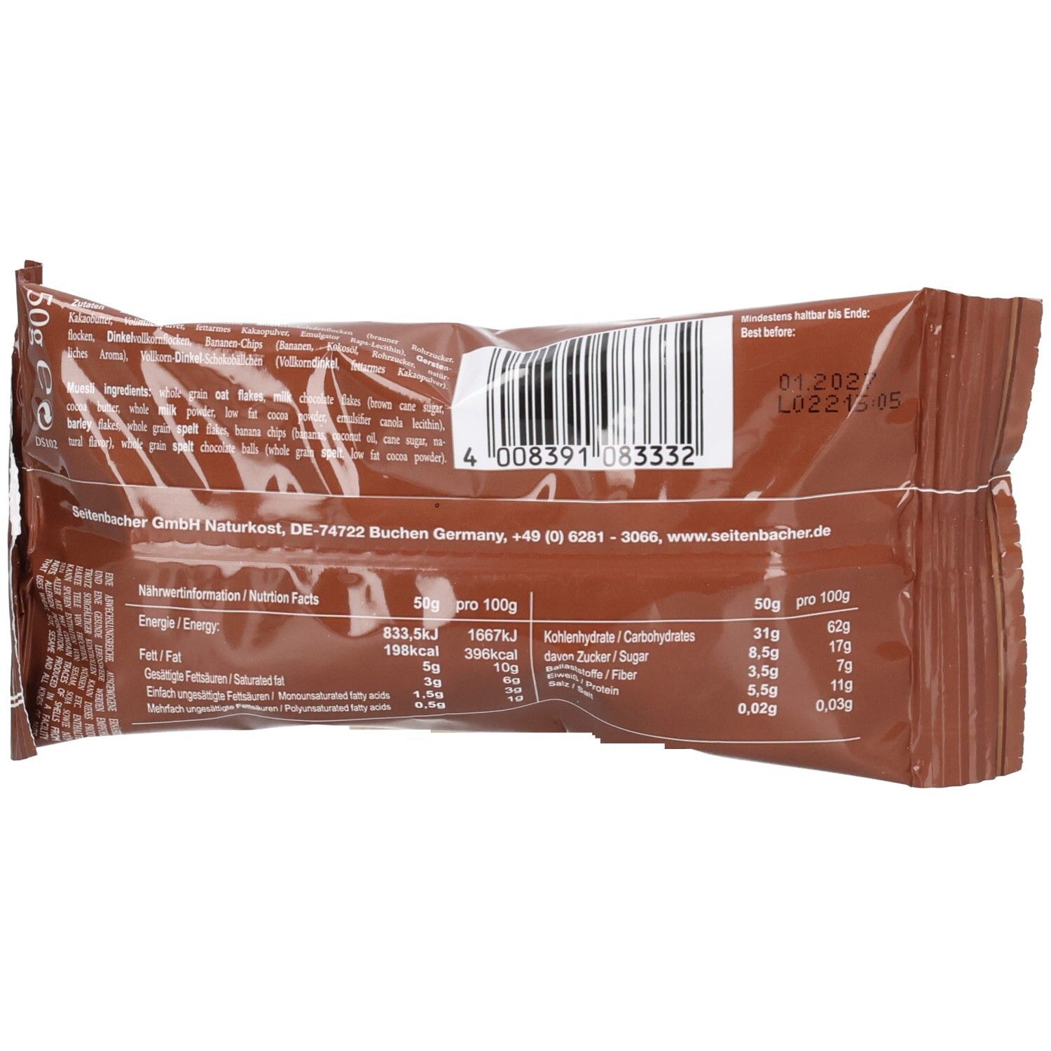 Rückseite der braunen Verpackung. Enthält Nährwertangaben, Barcode und Mindesthaltbarkeitsdatum.