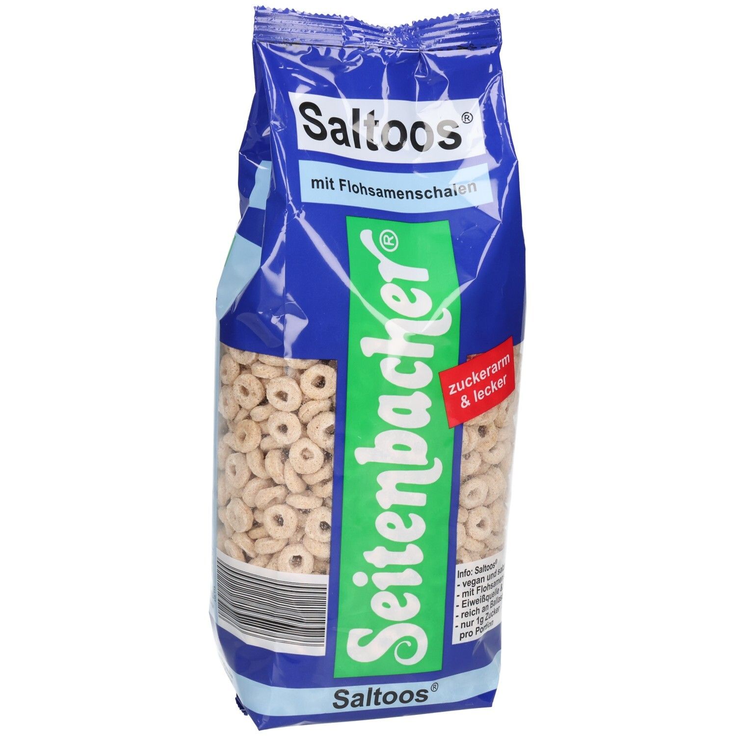 Blauer Beutel Saltoos zuckerarm. Ringförmige Cerealien. Seitenbacher Logo und Text. Mit Flohsamenschalen.