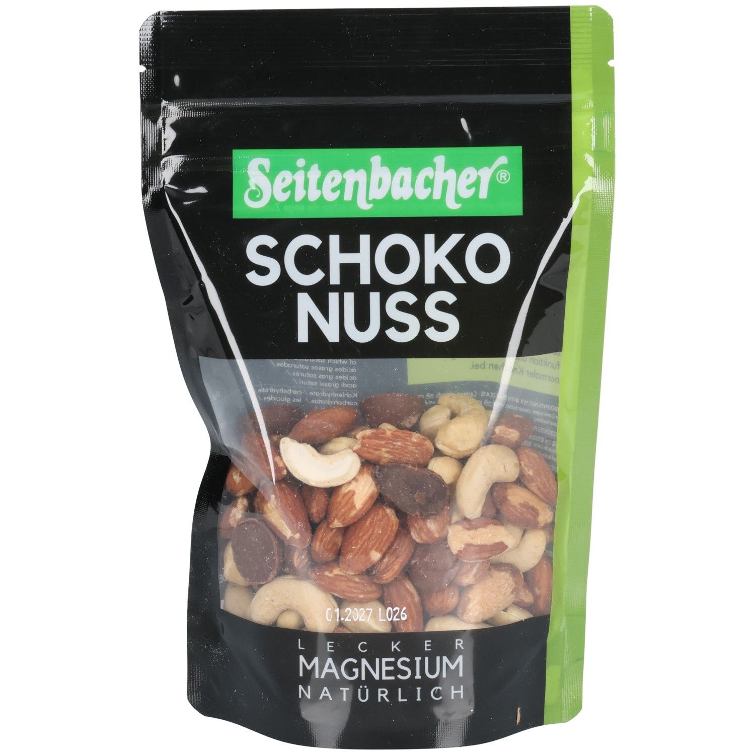 Schwarze Tüte mit Seitenbacher Schoko-Nuss-Mischung. Sichtbares Produkt mit Nüssen. Grün-weißer Markenname. Transparenter Bereich mit Produktansicht.