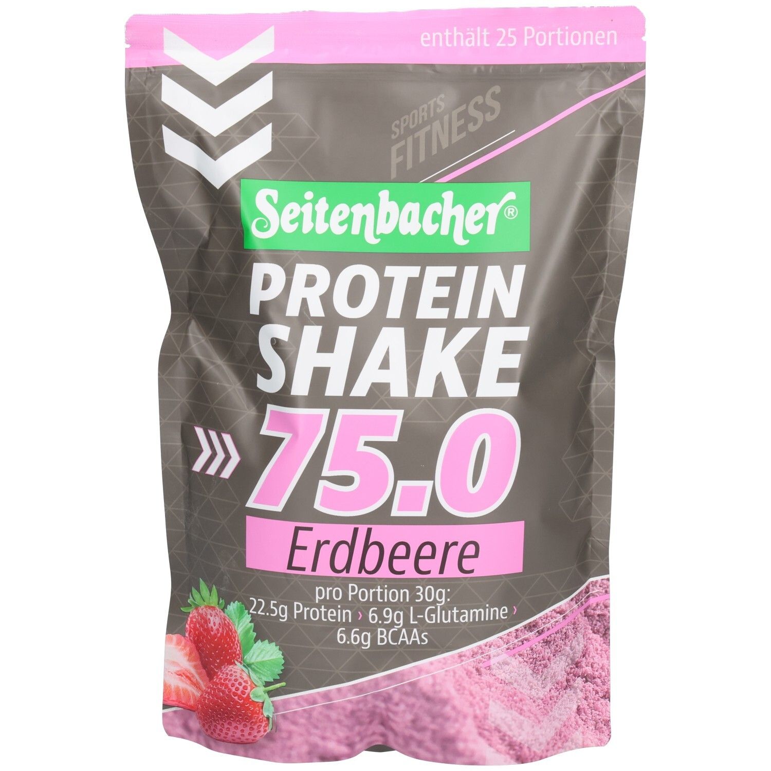Beutel Seitenbacher Protein Shake 75.0 Erdbeere. Rosa-graue Verpackung mit Produktnamen und Erdbeer-Illustration. Enthält 25 Portionen.