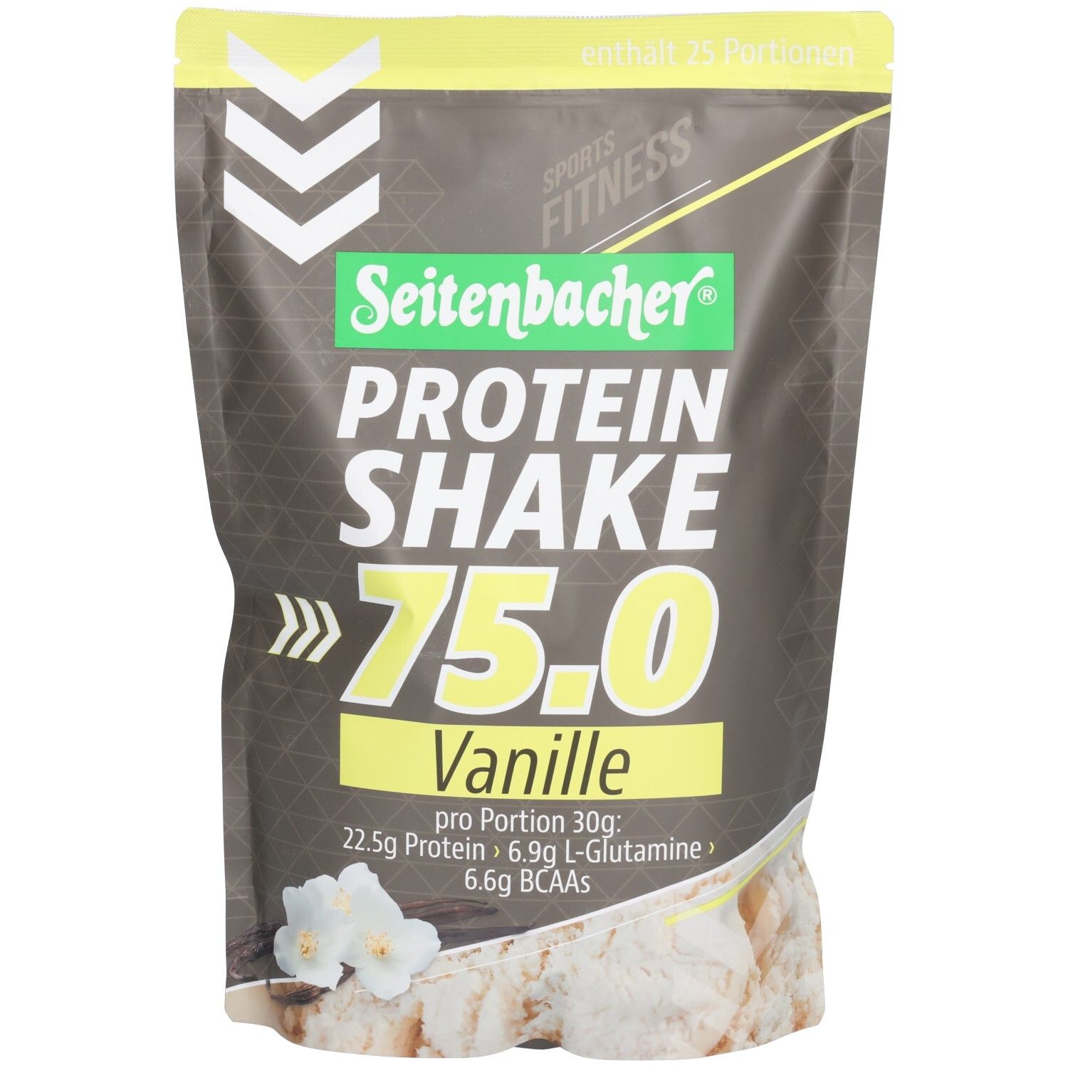 Beutel mit Seitenbacher Protein Shake 75.0 Vanille. Enthält 25 Portionen. Aufschrift: Protein, Shake, 75.0, Vanille. Weiße Blüten.