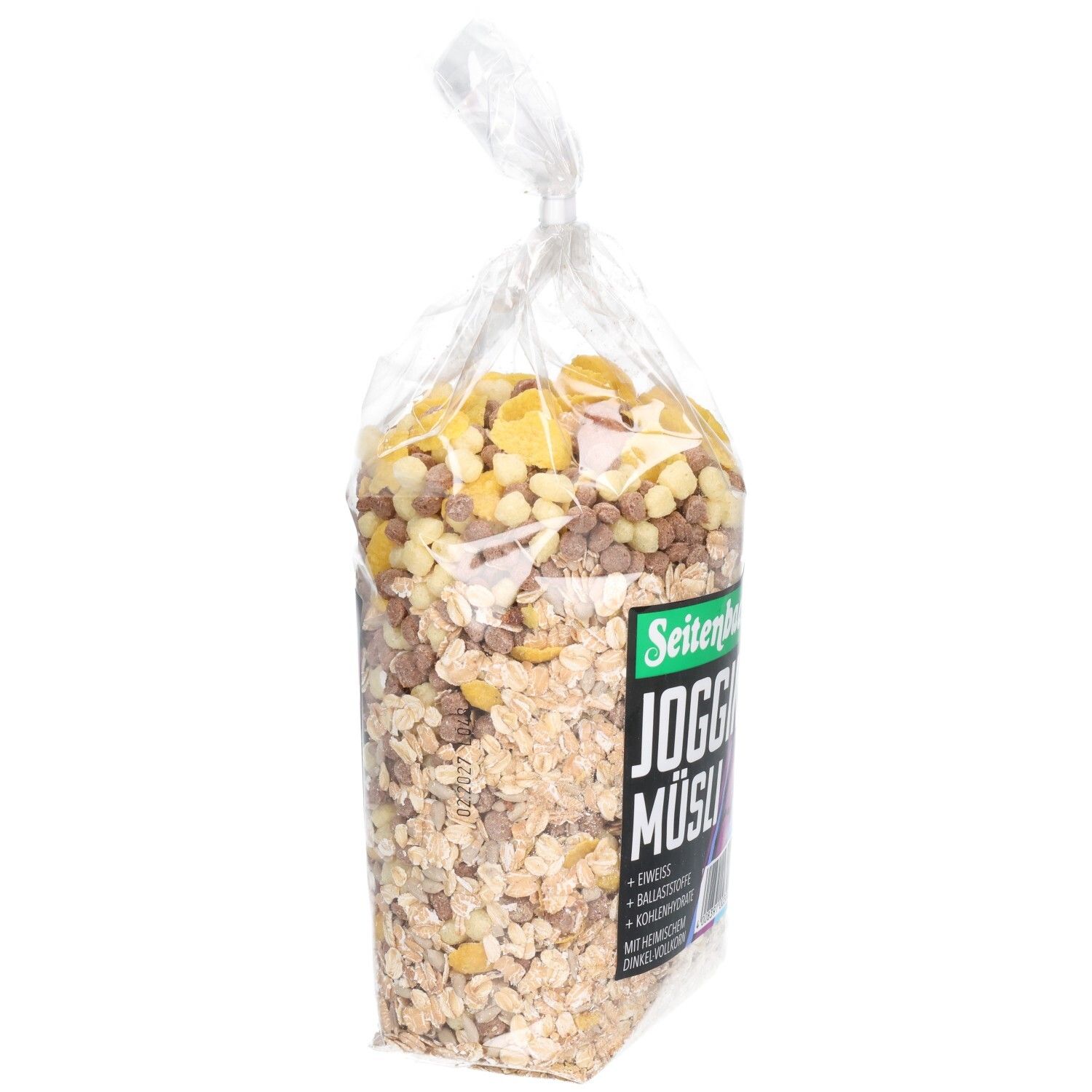 Transparente Tüte mit Seitenbacher Jogging Müsli. Enthält Getreideflocken, Trockenfrüchte und Cerealien. Produktbezeichnung sichtbar.