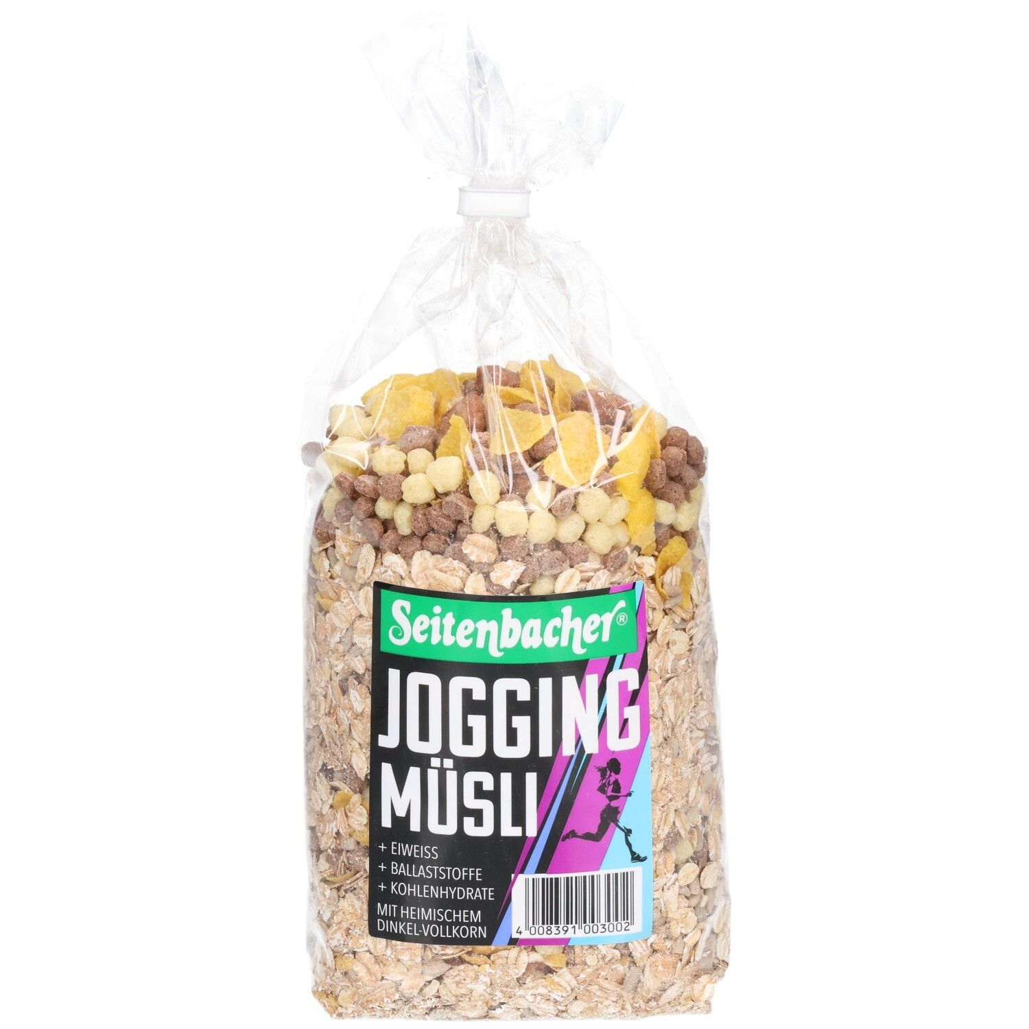 Transparente Tüte mit Seitenbacher Jogging Müsli. Enthält Getreideflocken, Trockenfrüchte und Cerealien. Produktbezeichnung sichtbar.