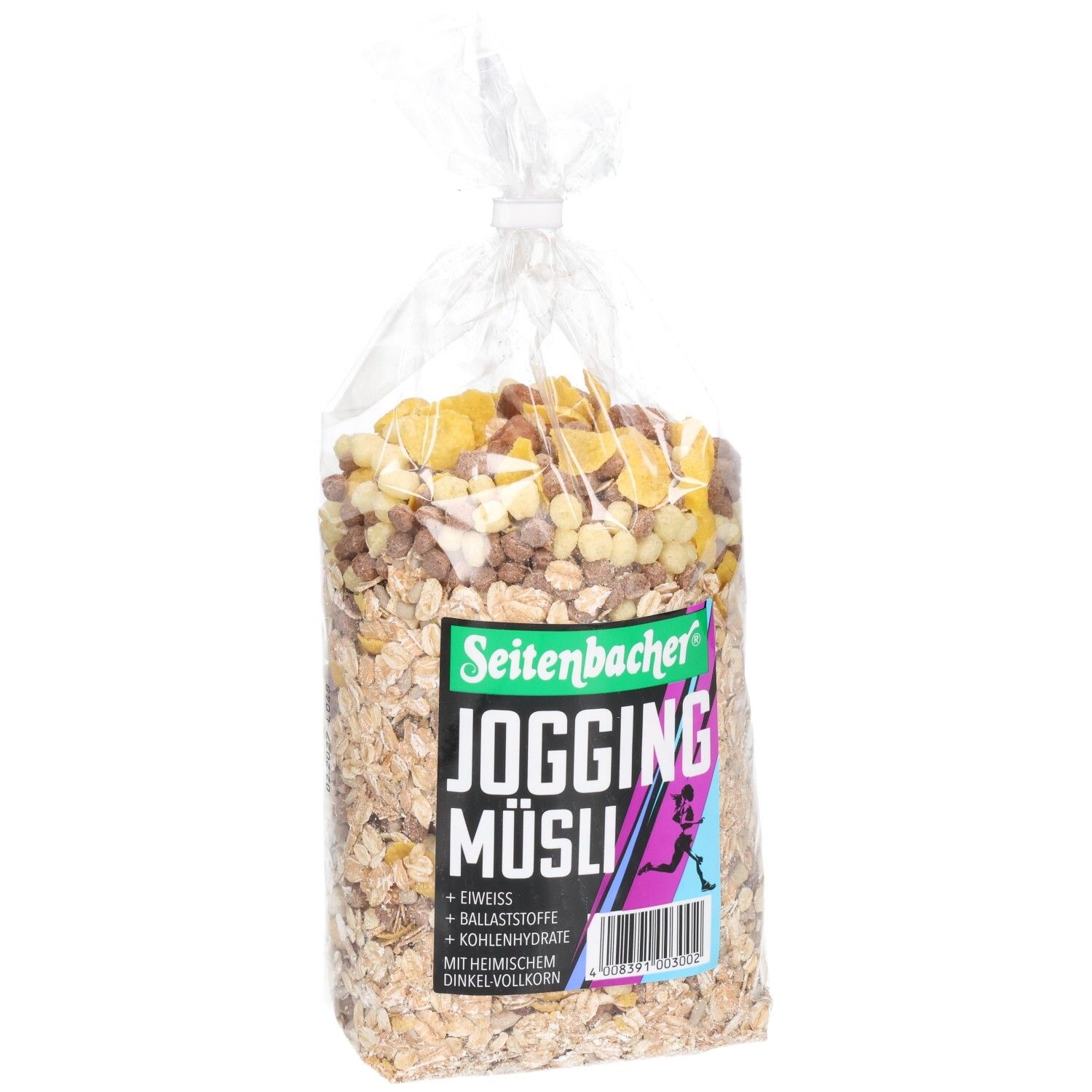 Transparente Tüte mit Seitenbacher Jogging Müsli. Enthält Getreideflocken, Trockenfrüchte und Cerealien. Produktbezeichnung sichtbar.