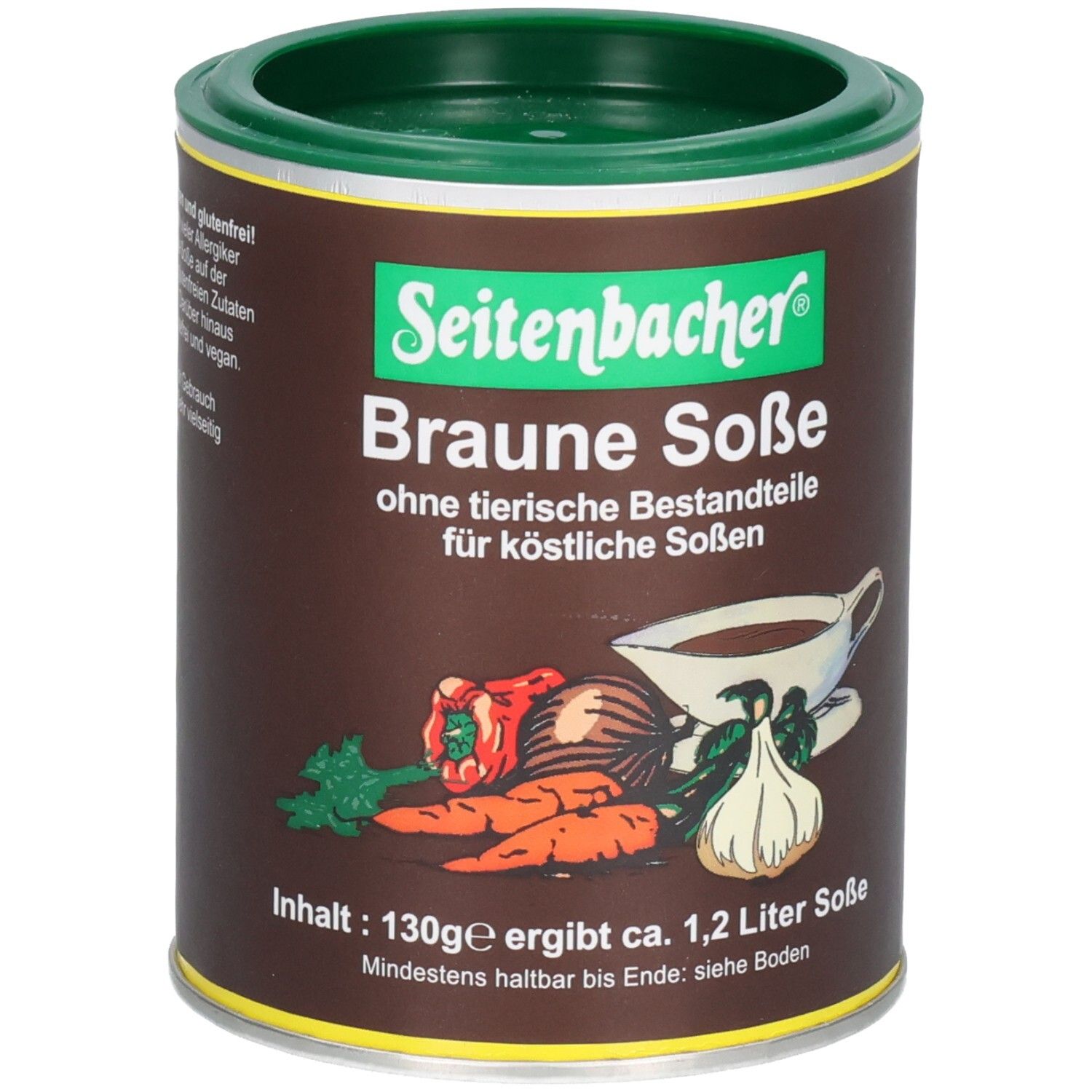 Braune Soße Dose. Seitenbacher-Logo. Aufdruck: ohne tierische Bestandteile. Abbildung von Gemüse und Soße. Inhalt: 130g ergibt ca. 1,2 Liter Soße.
