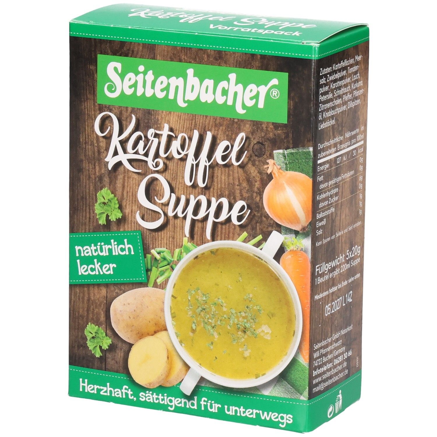 Grüne Kartoffelsuppen-Verpackung. Seitenbacher Kartoffel Suppe, mit Abbildung einer Suppe, Kartoffeln und Gemüse. Text: natürlich lecker.