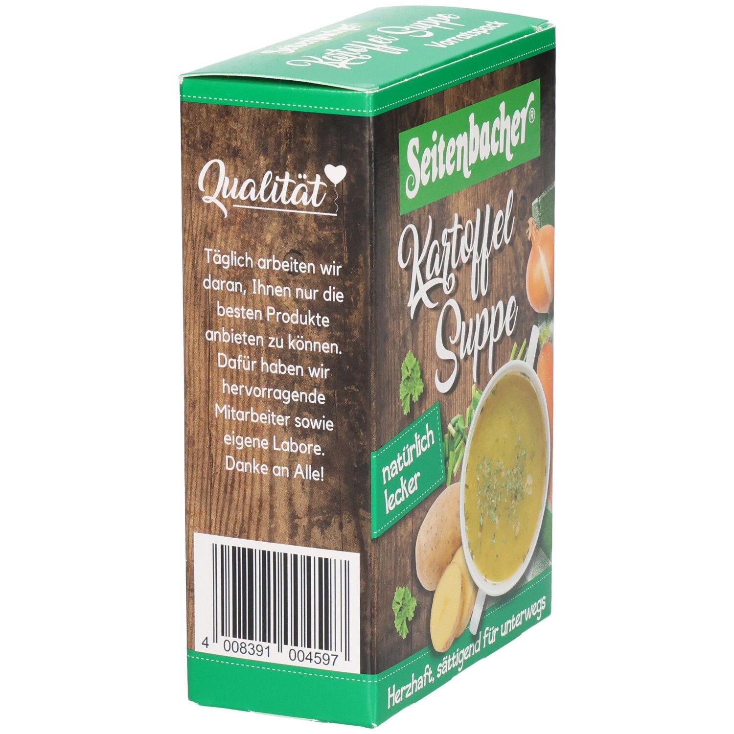 Seitenbacher Kartoffel Suppe Verpackung, Seitenansicht. Text: Qualität. Barcode. Holzoptik Hintergrund.
