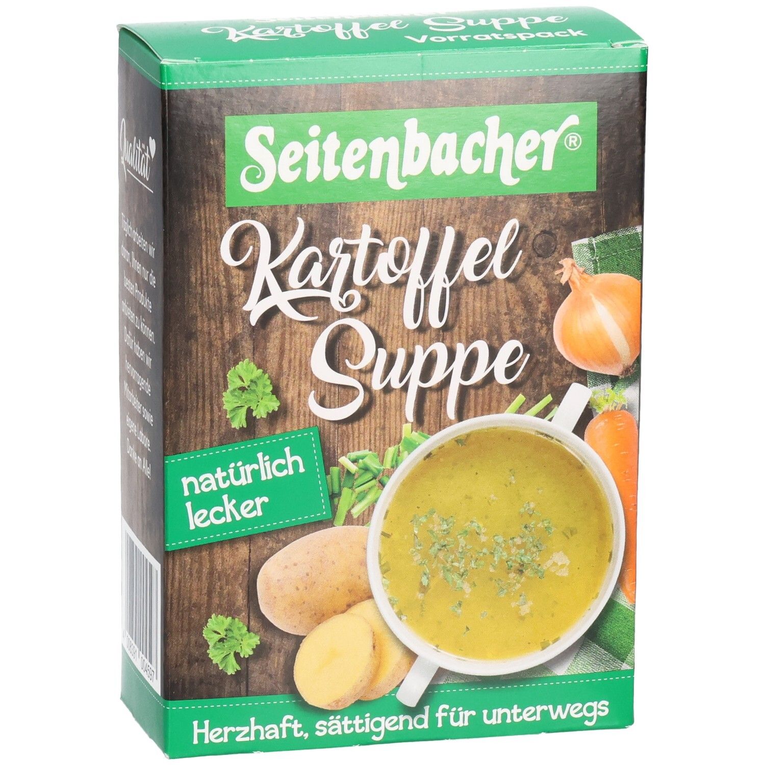 Grüne Kartoffelsuppen-Verpackung. Seitenbacher Kartoffel Suppe, mit Abbildung einer Suppe, Kartoffeln und Gemüse. Text: natürlich lecker.