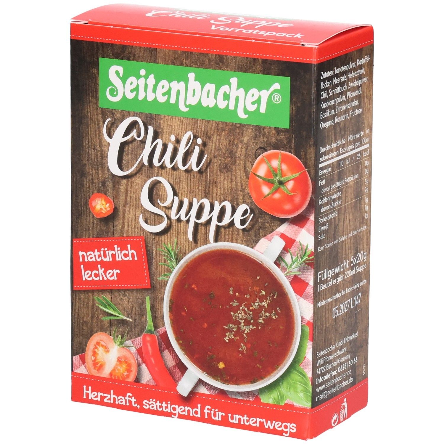 Verpackung von Seitenbacher Chili Suppe. Rote Box mit Produktbild und Text. Enthält Tomaten, Chili und Suppe. "Natürlich lecker".