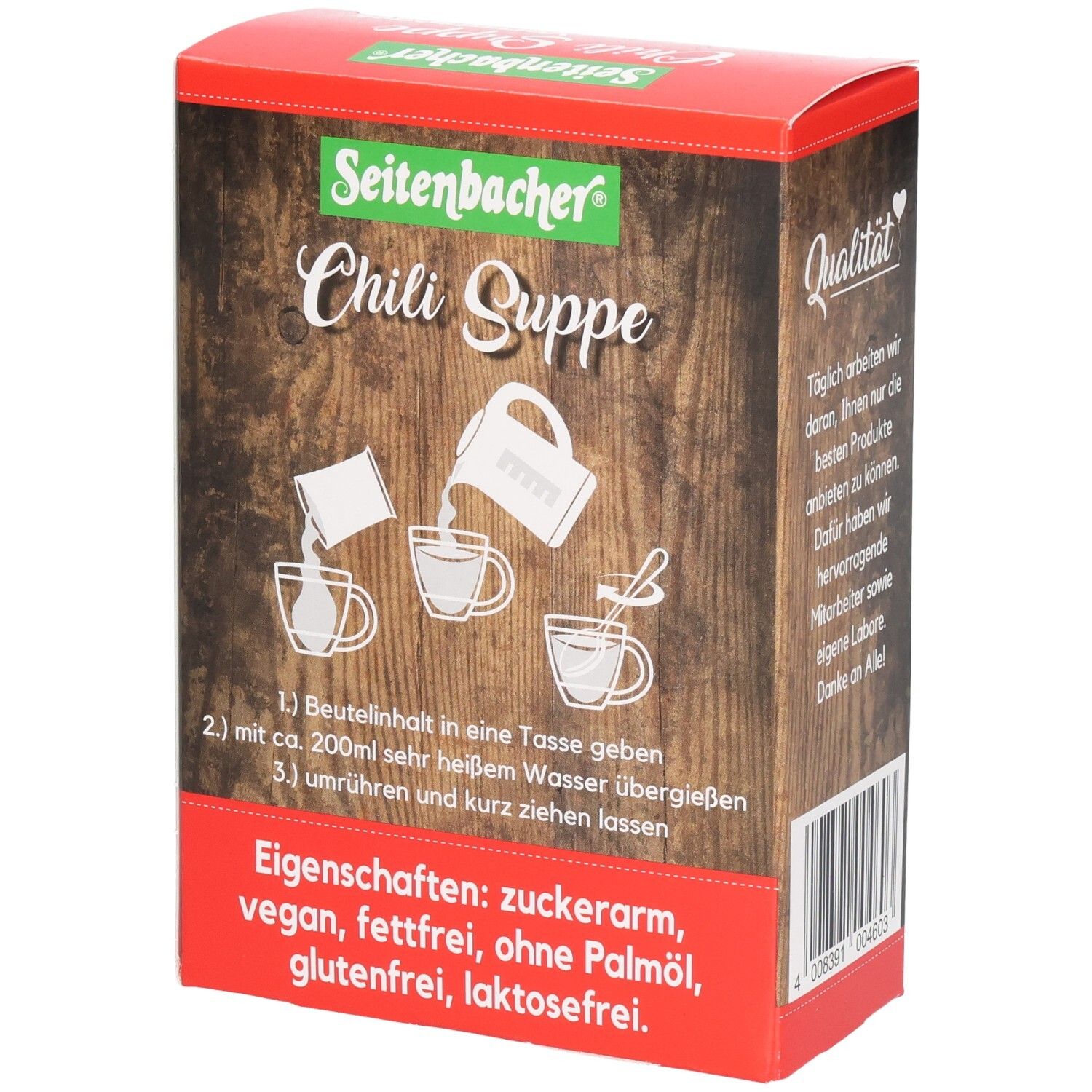 Verpackung von Seitenbacher Chili Suppe. Rückseite mit Zubereitungshinweisen. Illustrationen und Text. Eigenschaften: zuckerarm, vegan, fettfrei.