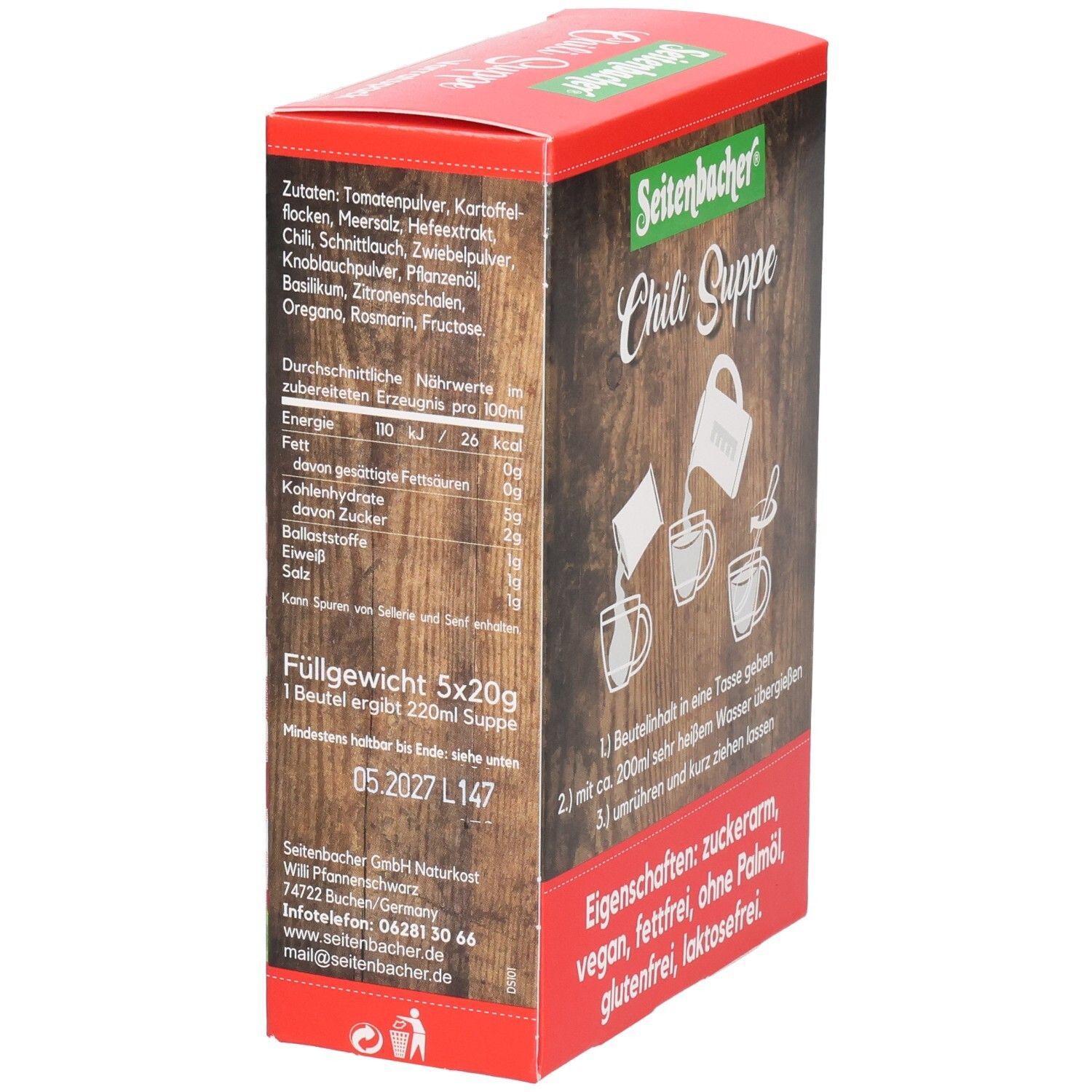 Verpackung von Seitenbacher Chili Suppe. Rückseite mit Zutatenliste und Nährwertangaben. Text und Informationen. Holzoptik Hintergrund.