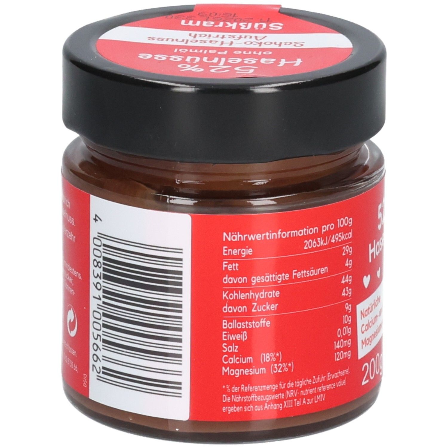 Pot de crème au chocolat et aux noisettes. Étiquette rouge avec informations nutritionnelles. Marque: Seitenbacher. Couvercle noir. 200g.