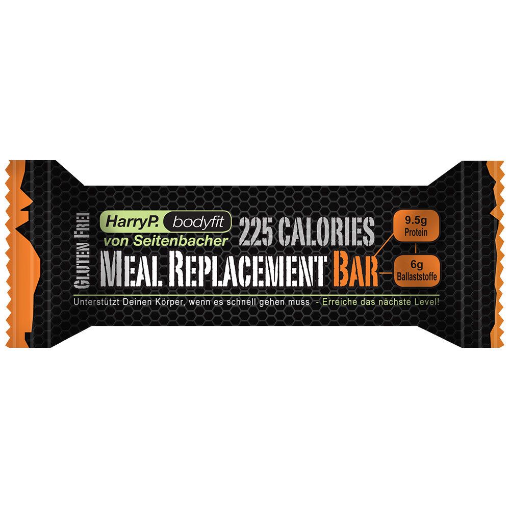 Seitenbacher Meal Replacement Bar. Schwarze Verpackung mit orangefarbenen Akzenten. Enthält 225 Kalorien, 9,5g Protein und 6g Ballaststoffe.
