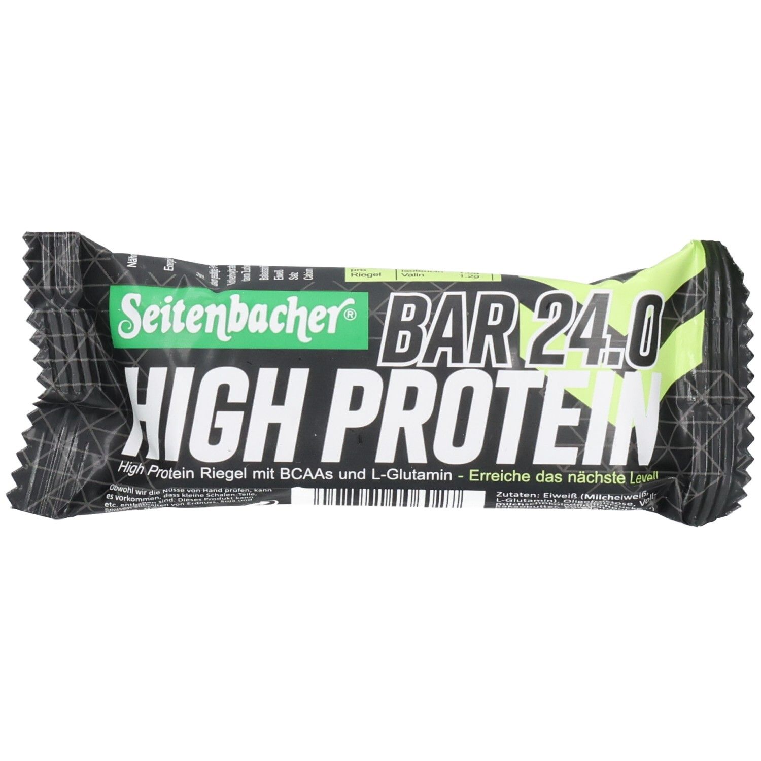 Barre protéinée Seitenbacher High Protein. Emballage noir et vert. Inscription BAR 24.0, HIGH PROTEIN. Contient BCAA et L-Glutamine.