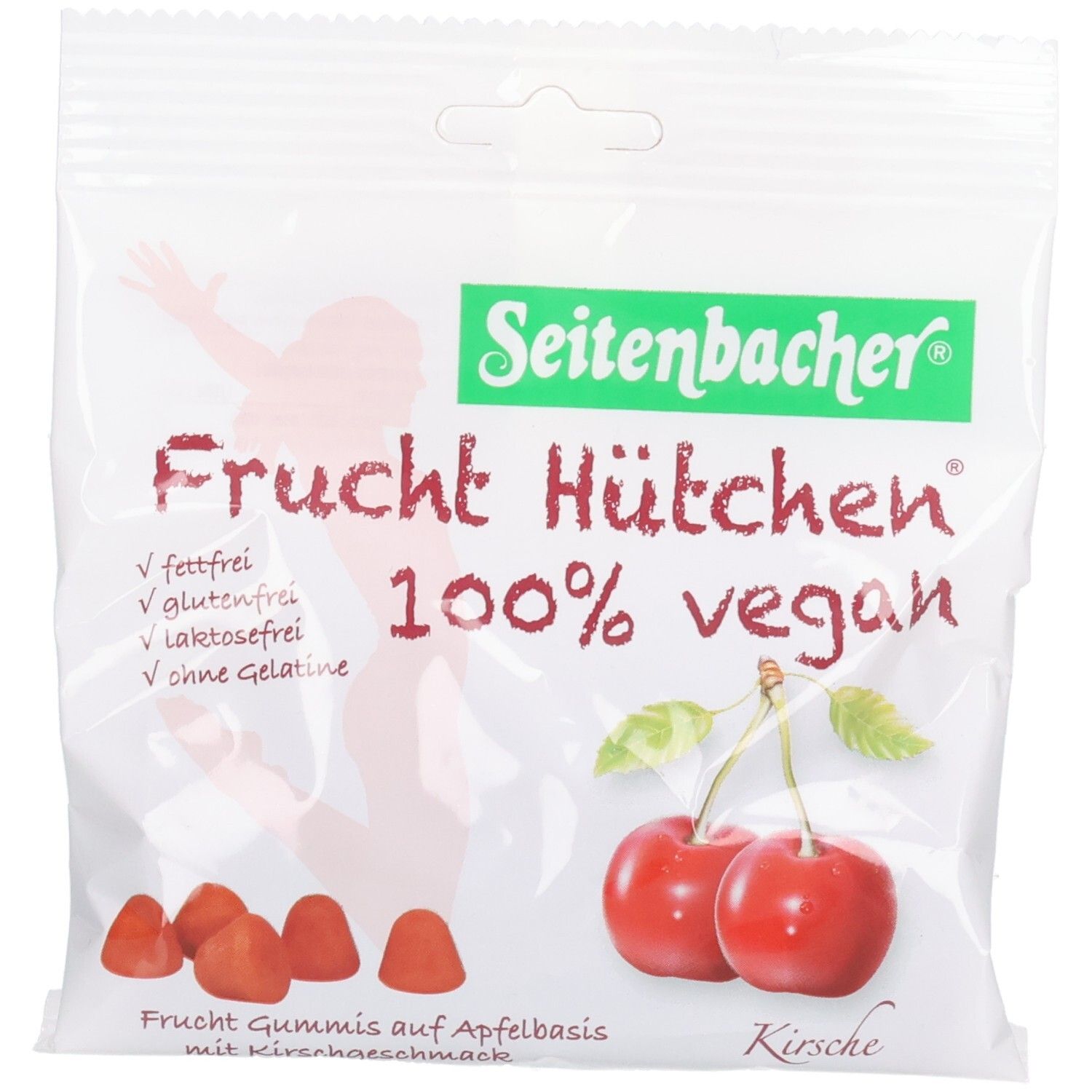 Beutel mit Seitenbacher Frucht Hütchen, 100% vegan. Kirsch-Gummis mit Kirschgeschmack. Enthält fettfrei, glutenfrei, laktosefrei, ohne Gelatine.