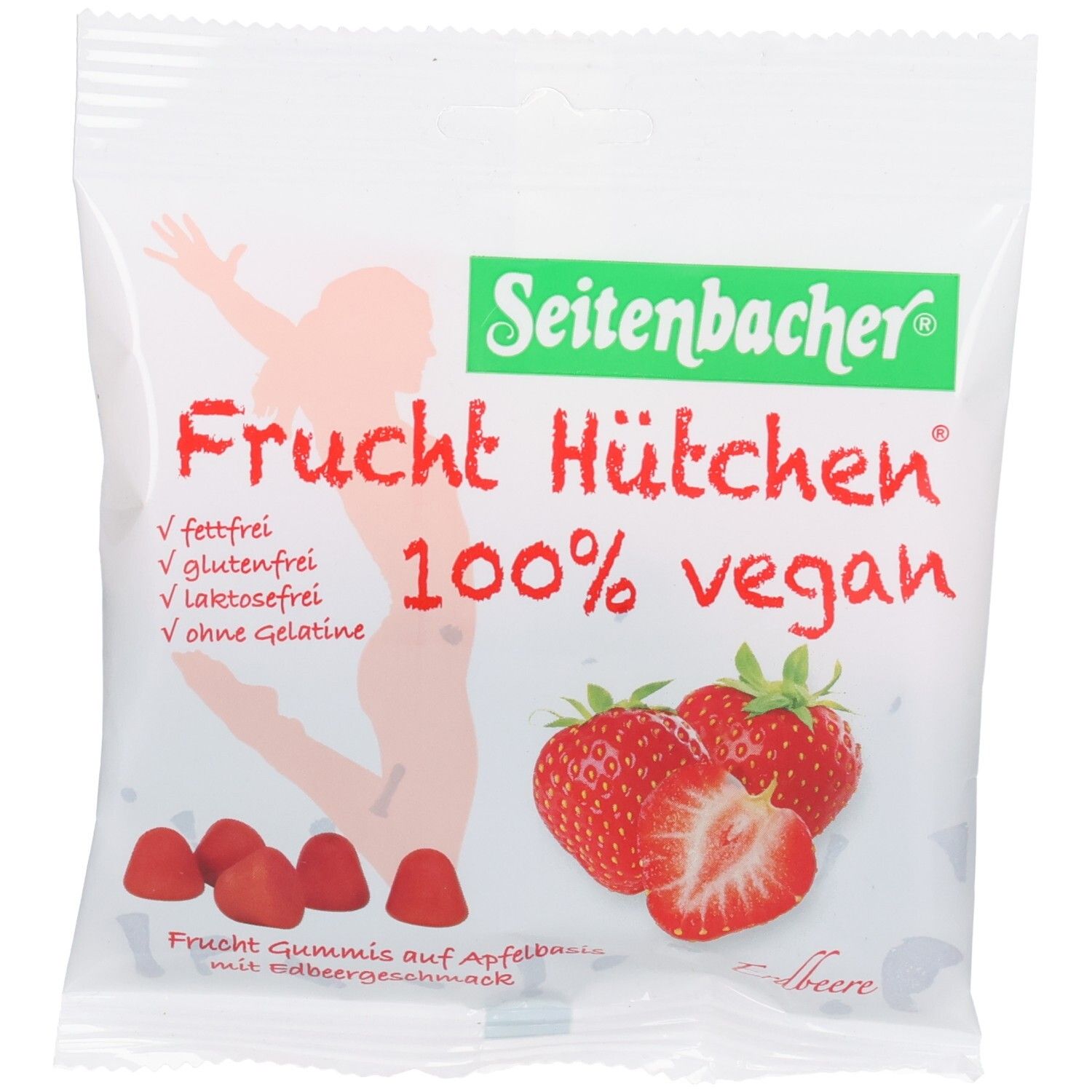 Seitenbacher Frucht Hüttchen, 100% vegan, sans gras, sans gluten, sans lactose, sans gélatine. Goût fraise.