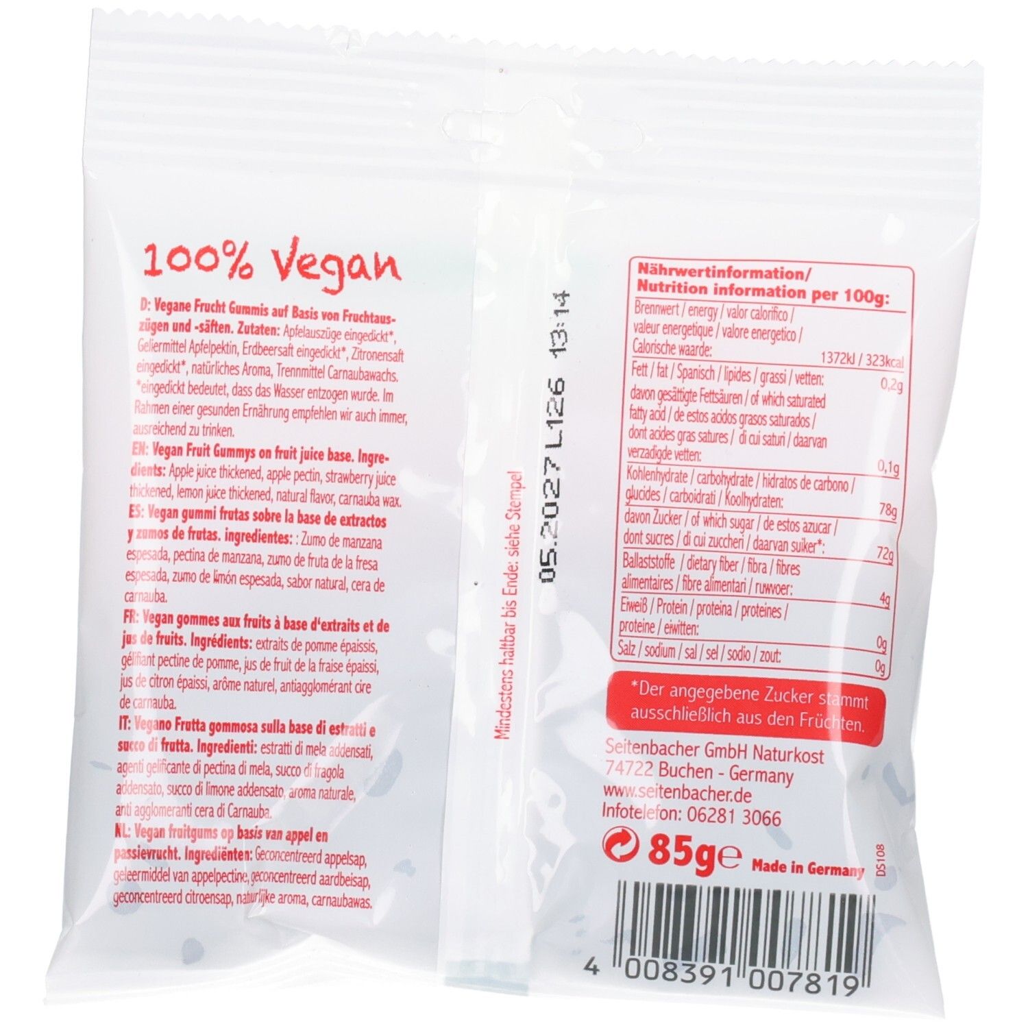 Dos de l'emballage Seitenbacher Frucht Hüttchen. Contient informations nutritionnelles et liste d'ingrédients. 85g.