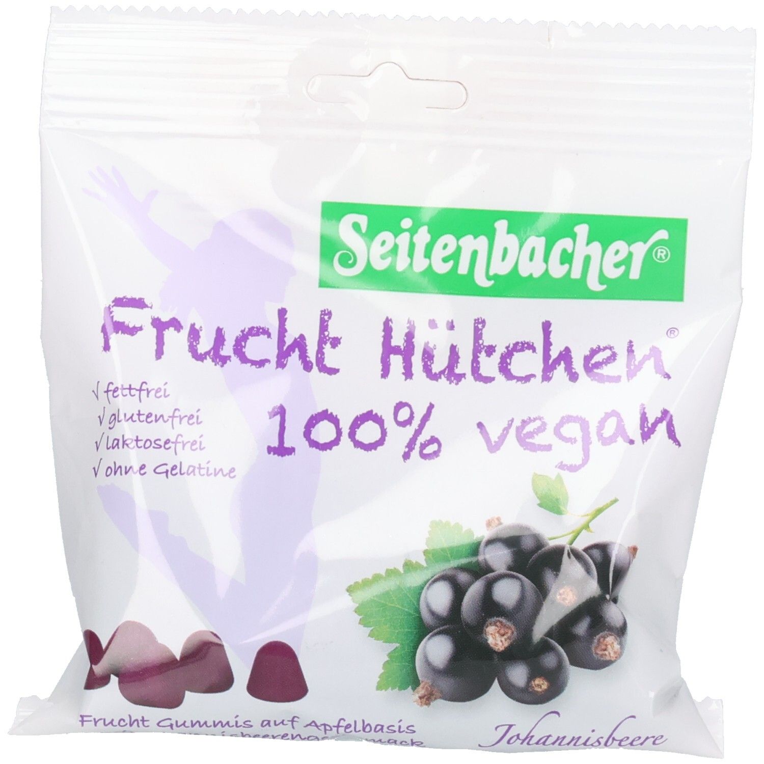 Beutel mit Seitenbacher Frucht Hüttchen, 100% vegan. Grün-weiße Verpackung, Johannisbeeren-Abbildung. Text: fettfrei, glutenfrei, laktosefrei, ohne Gelatine.