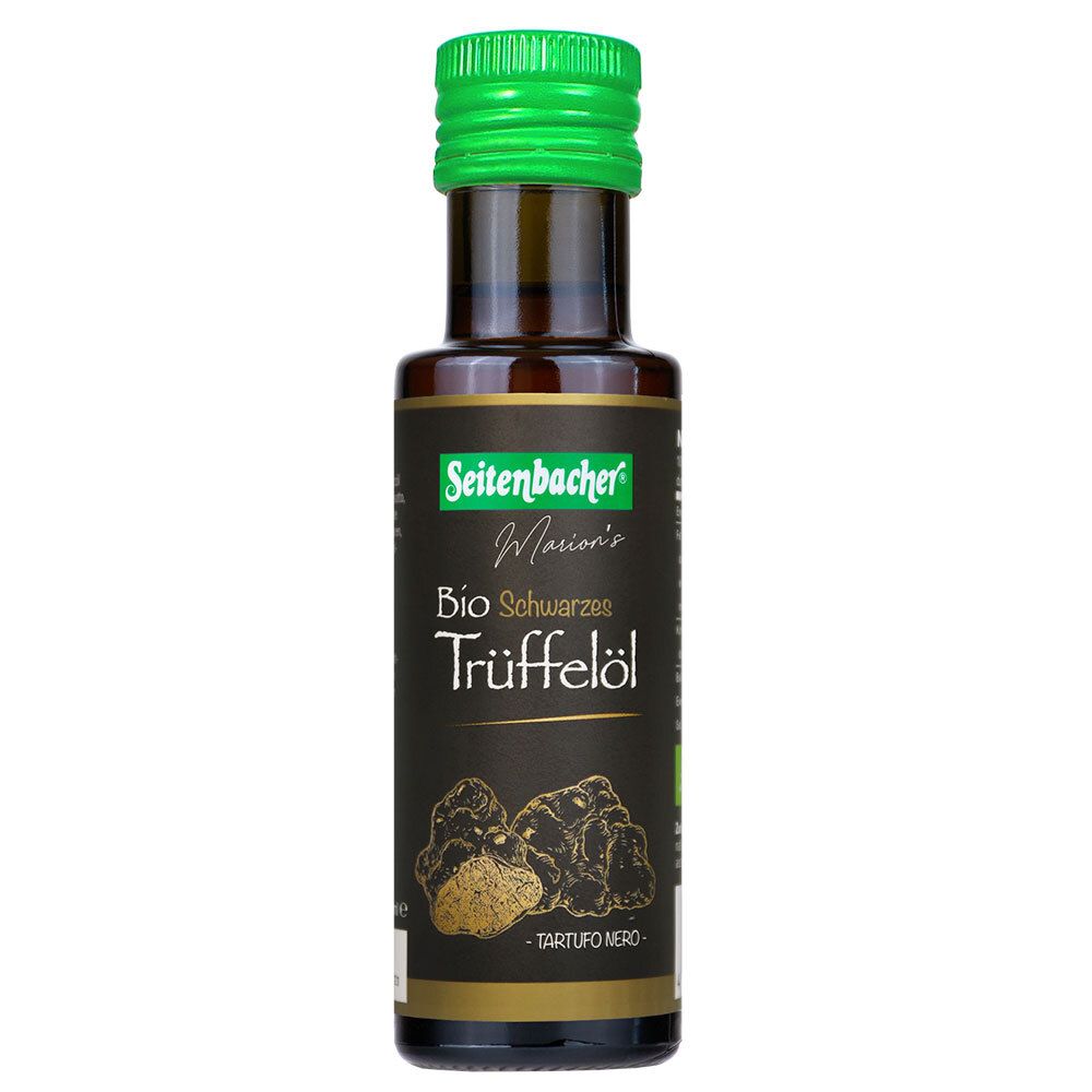 Braune Glasflasche mit grünem Deckel. Etikett mit Produktname: Bio Schwarzes Trüffelöl. Marke: Seitenbacher.