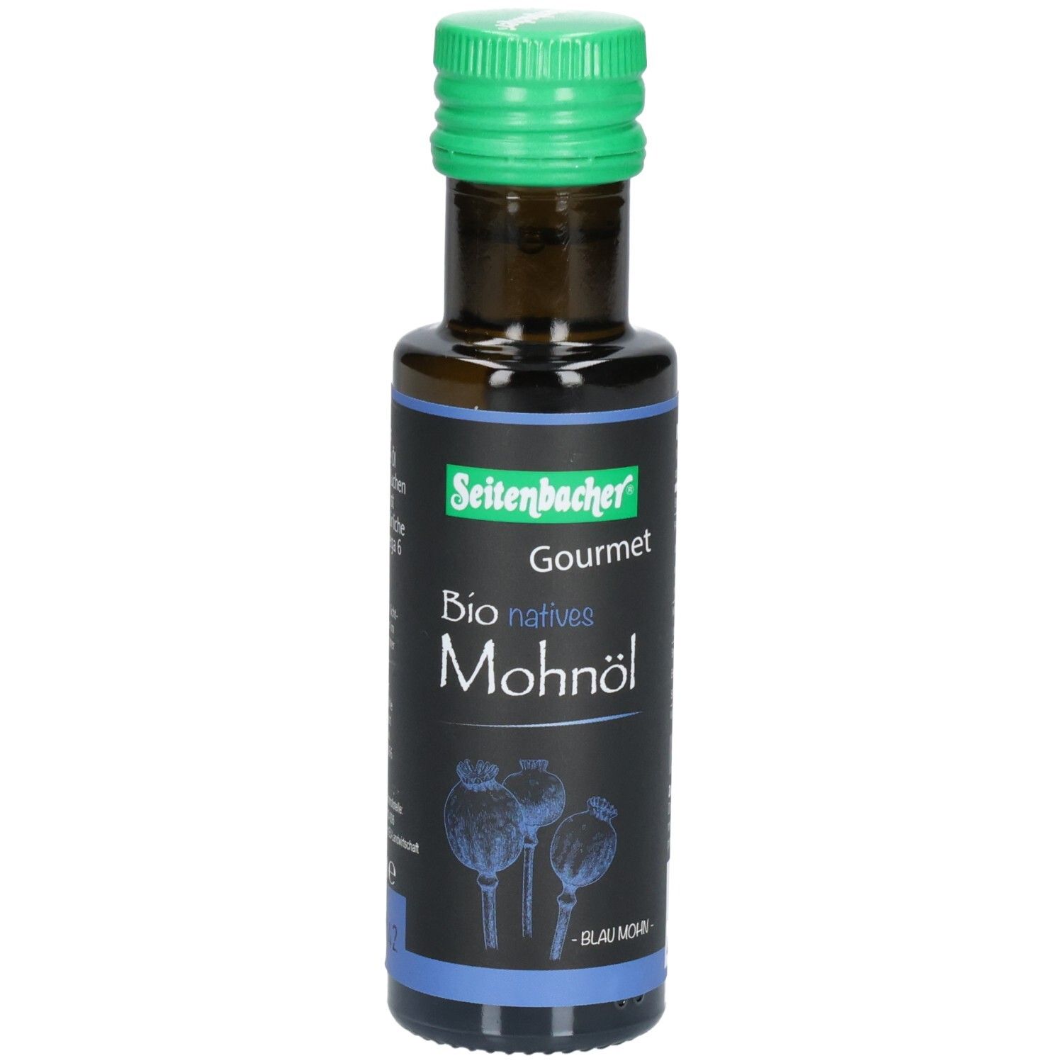 Braune Glasflasche mit grünem Deckel. Etikett mit "Seitenbacher Gourmet Bio natives Mohnöl" und Mohnblüten-Illustration.
