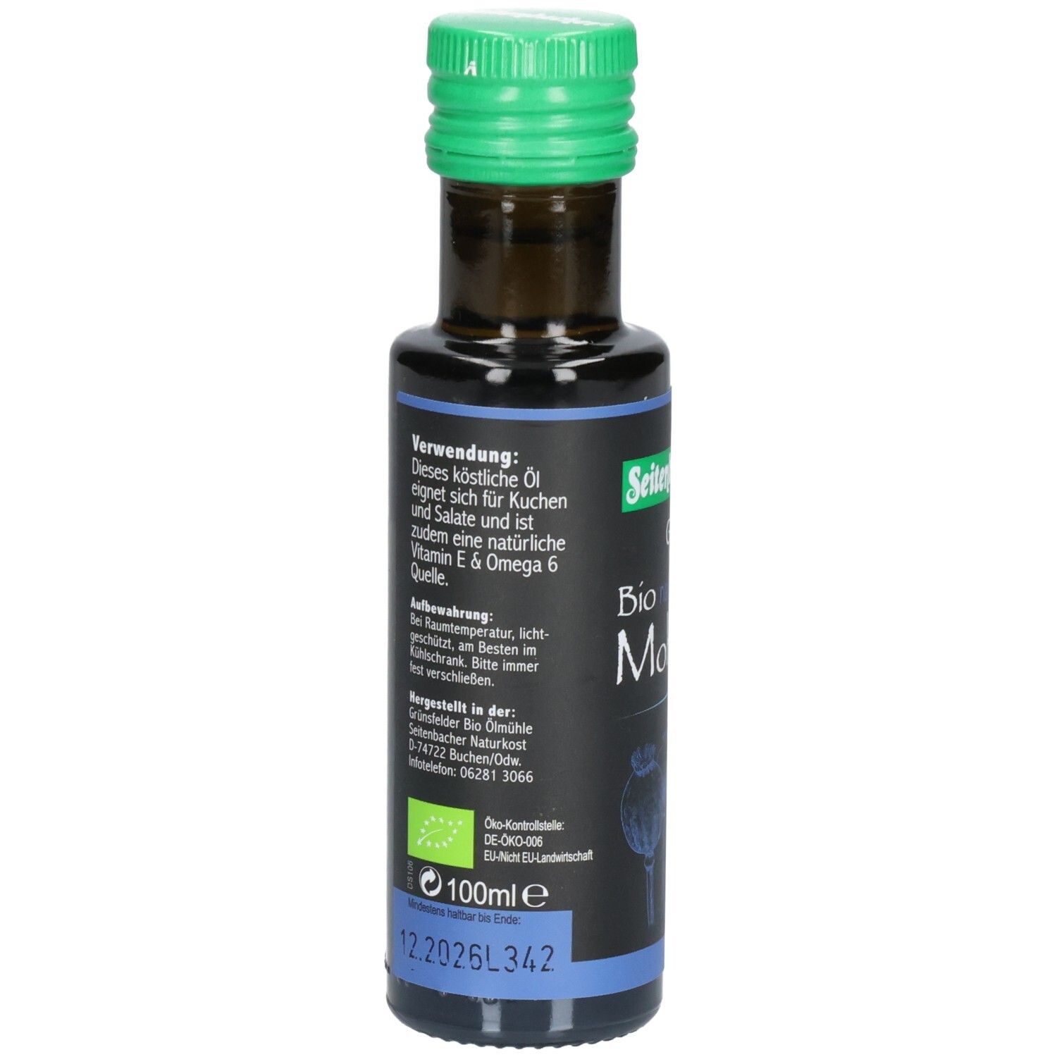 Braune Glasflasche mit grünem Deckel. Rückseite zeigt Informationen zu Verwendung, Lagerung und Hersteller.