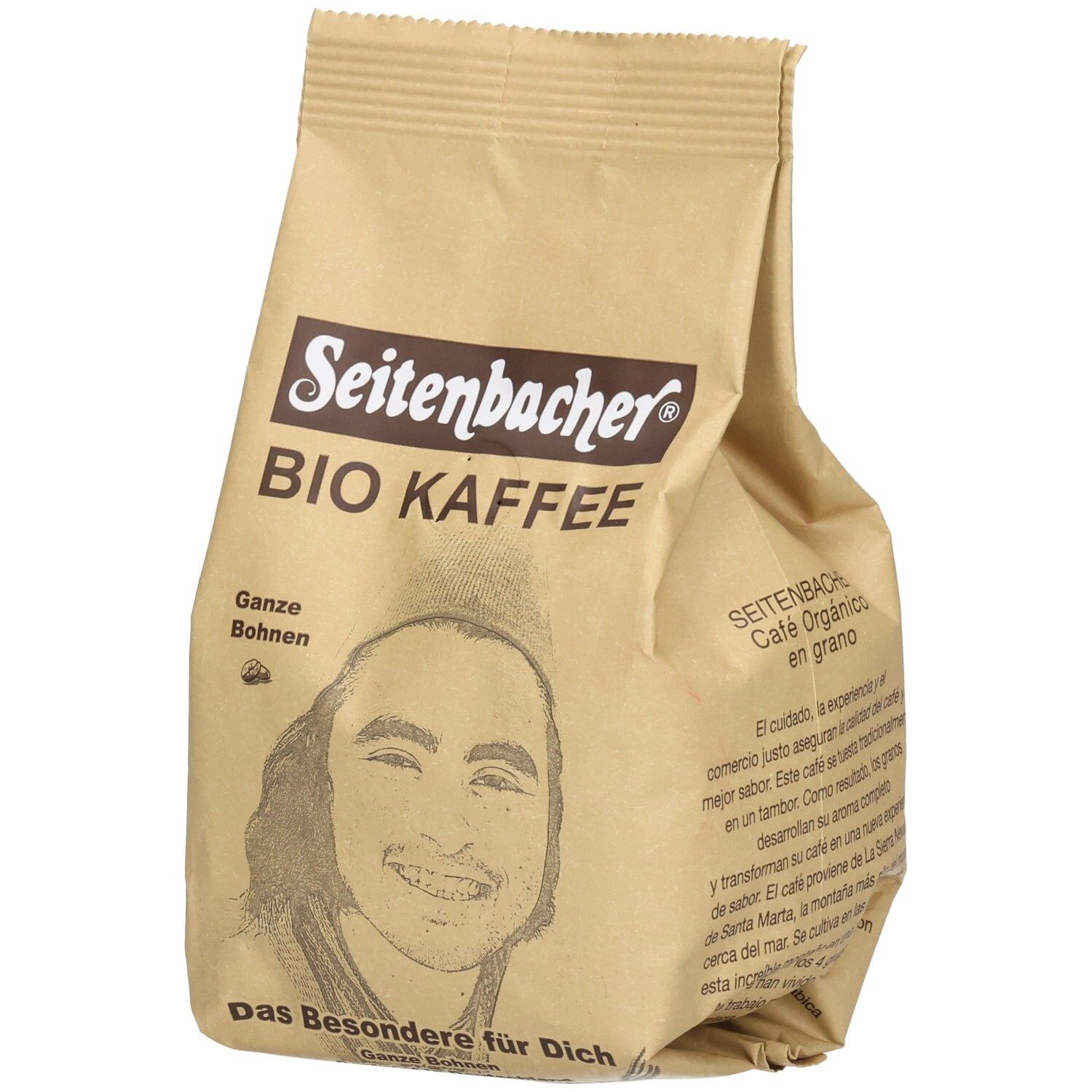 Beutel mit Seitenbacher BIO KAFFEE, ganze Bohnen. Braune Papierverpackung mit Logo, Gesicht und Text.