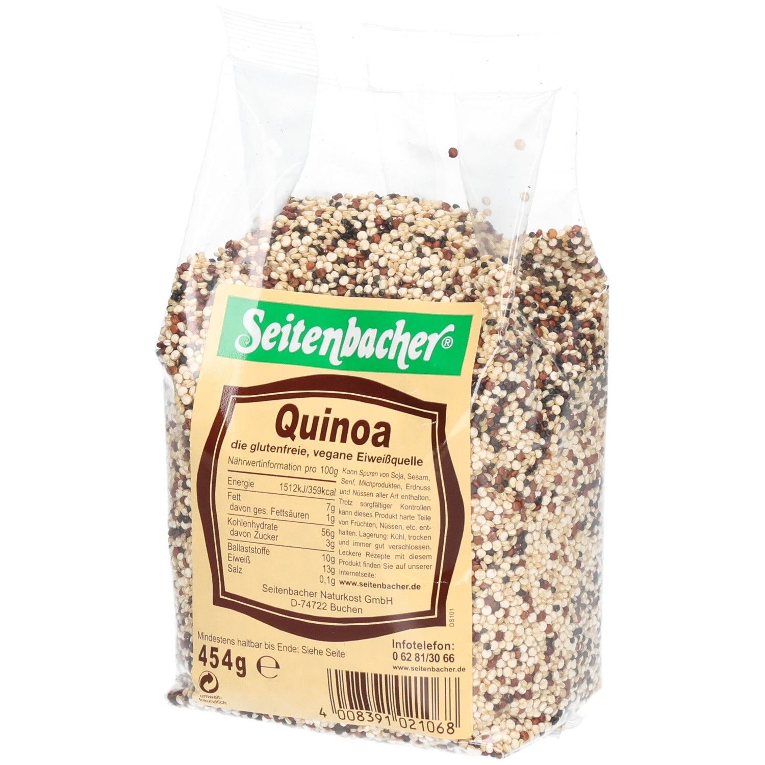 Sachet transparent de quinoa. Inscription: Seitenbacher, Quinoa, informations nutritionnelles, 454g. Grains multicolores.