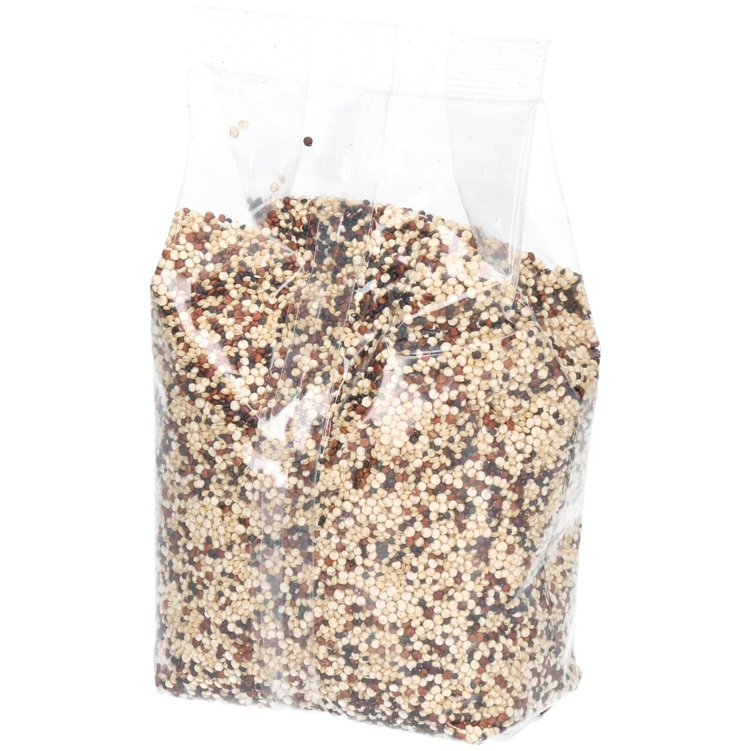 Sachet transparent de grains de quinoa. Grains multicolores. Aucun autre détail visible.