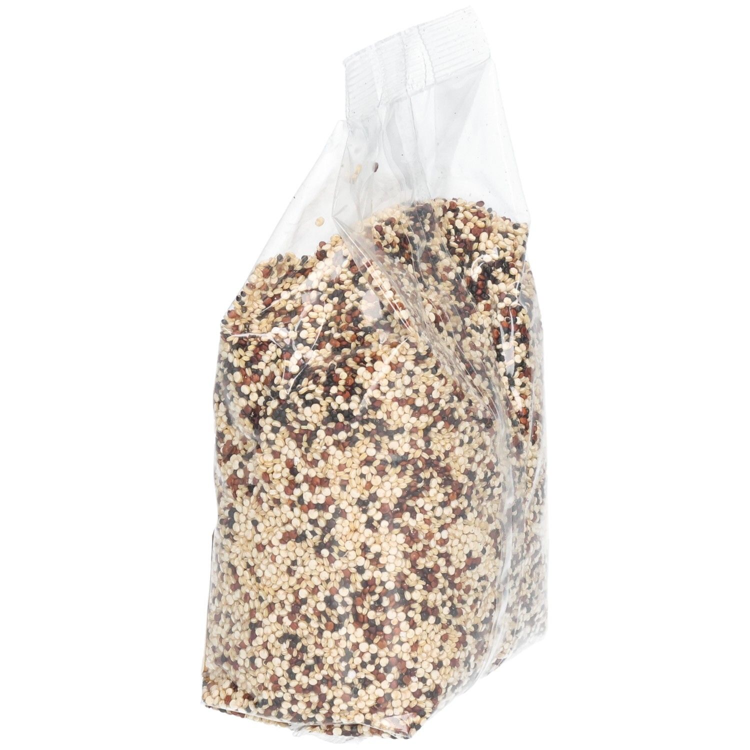 Sachet transparent de quinoa en biais. Grains multicolores. Aucun autre détail visible.
