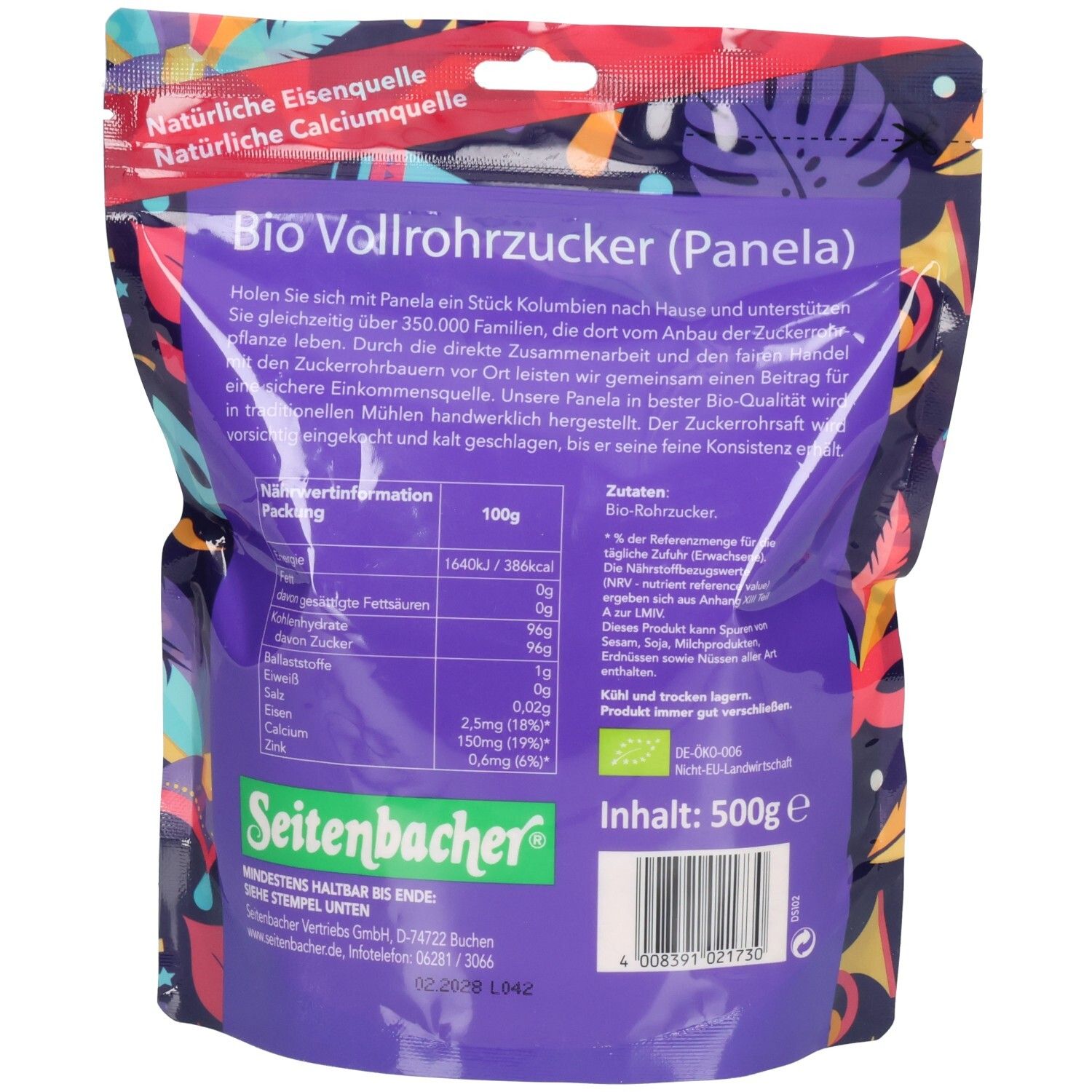 Dos du sachet de sucre de canne complet bio Seitenbacher. Informations nutritionnelles et texte. Label bio. Contenu : 500g.