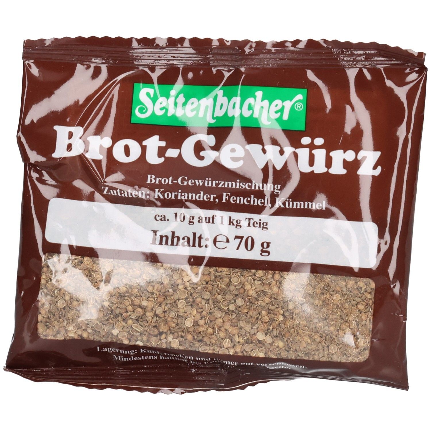 Klarsichtverpackung mit Seitenbacher Brot-Gewürz. Inhalt: 70g. Zutaten: Koriander, Fenchel, Kümmel. Grüne Logo-Box.
