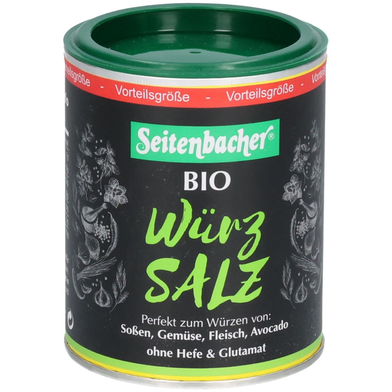 Boîte avec couvercle vert. Inscription: Seitenbacher BIO Würz SALZ. Parfait pour assaisonner sauces, légumes, viande, avocat. Sans levure ni glutamate.