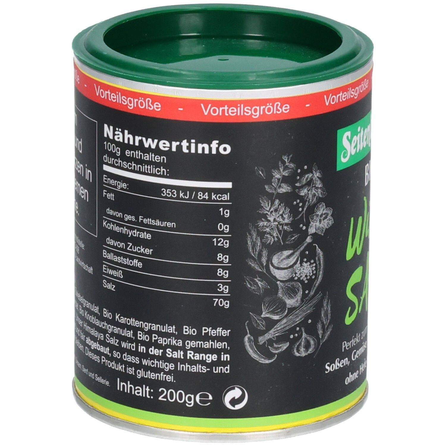 Boîte avec informations nutritionnelles. Contient pour 100g: Énergie 353 kJ / 84 kcal, matières grasses 1g, glucides 12g, sucre 0g, fibres alimentaires 8g, protéines 8g, sel 3g.