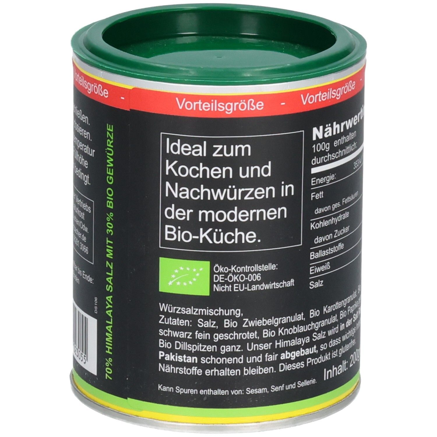 Boîte avec texte: Idéal pour cuisiner et assaisonner dans la cuisine bio moderne. Organisme de contrôle écologique DE-ÖKO-006. Agriculture non UE. Contenu: 200g.