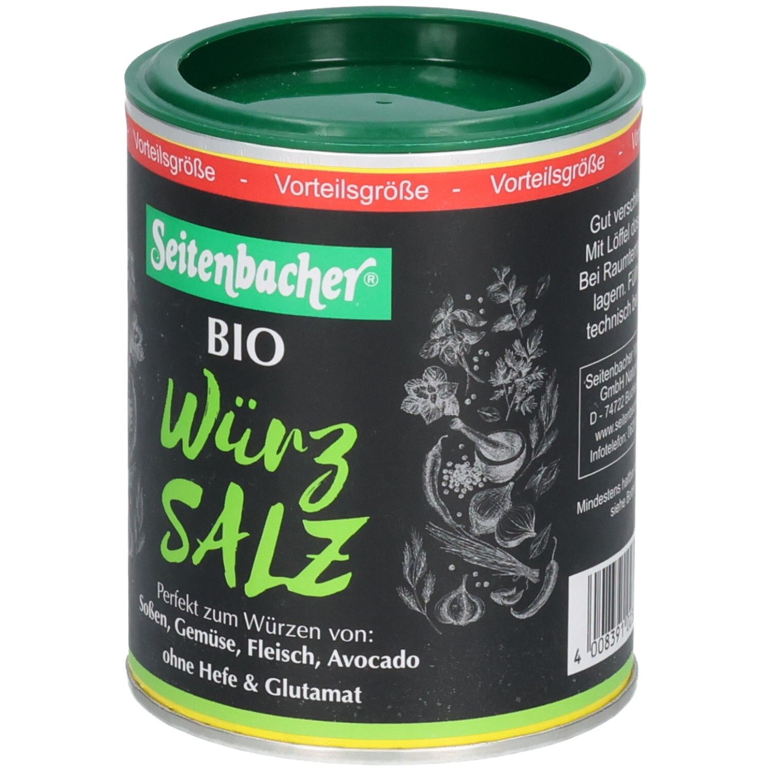 Boîte avec couvercle vert. Inscription: Seitenbacher BIO Würz SALZ. Parfait pour assaisonner sauces, légumes, viande, avocat. Sans levure ni glutamate.