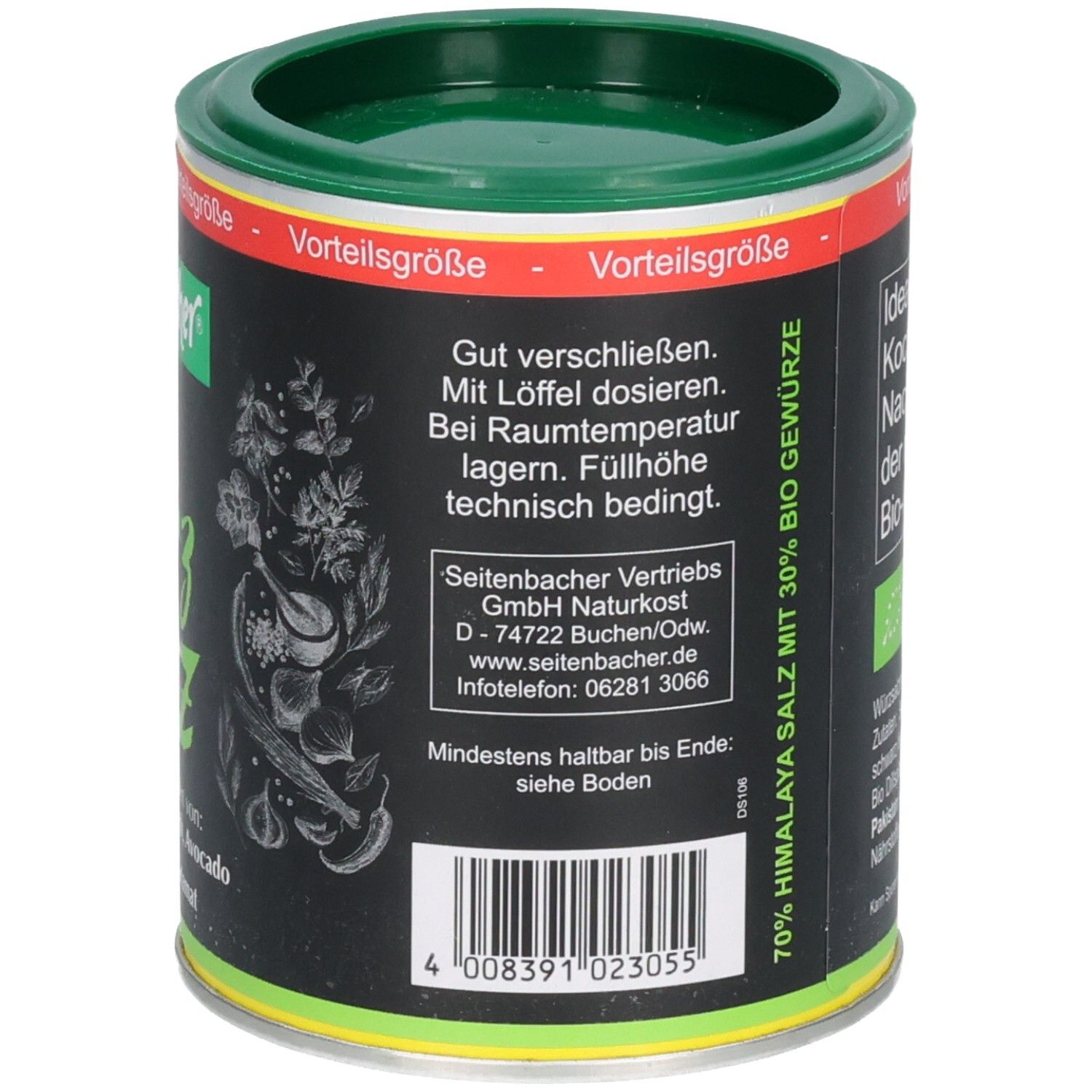 Boîte avec texte: Bien refermer. Doser avec une cuillère. Conserver à température ambiante. Niveau de remplissage techniquement conditionné. 70% sel Himalaya avec 30% épices bio.
