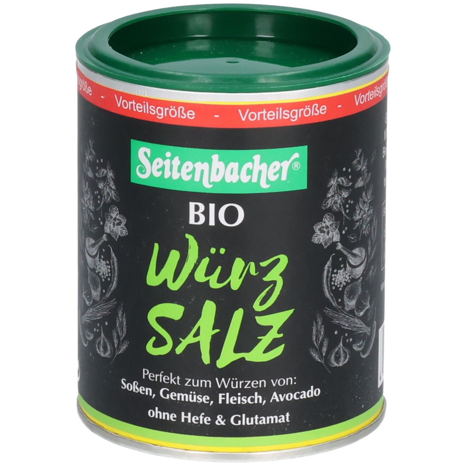 Boîte avec couvercle vert. Inscription: Seitenbacher BIO Würz SALZ. Parfait pour assaisonner sauces, légumes, viande, avocat. Sans levure ni glutamate.