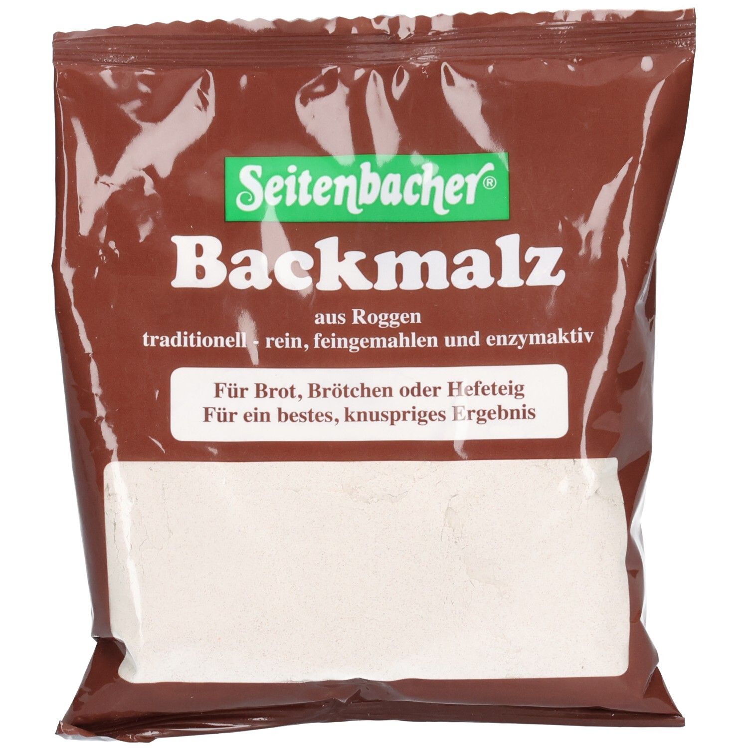 Sachet brun avec logo vert "Seitenbacher" et "Backmalz aus Roggen". Sous-titre avec informations produit.
