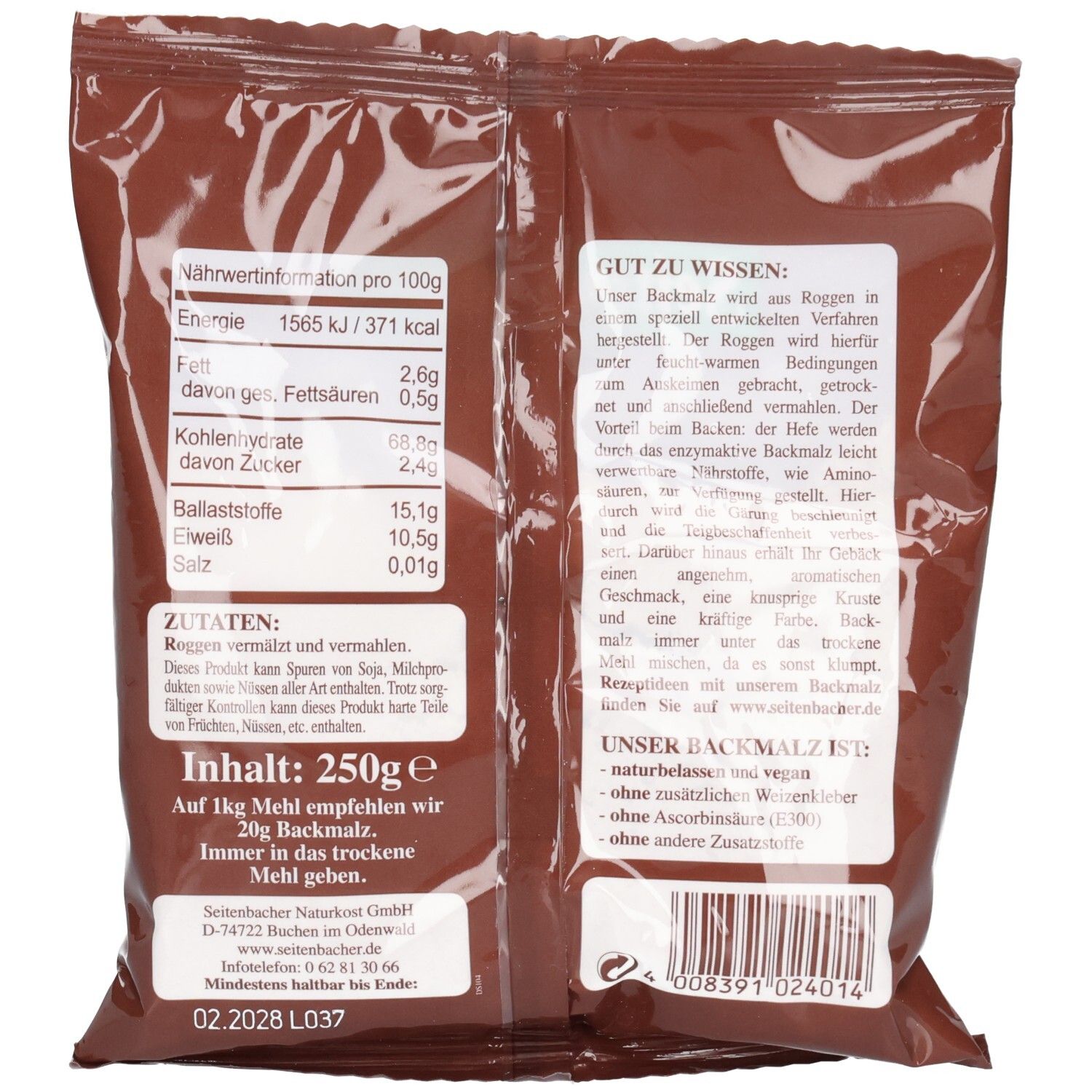Dos du sachet brun. Contient des informations nutritionnelles, du texte sur le produit et des informations sur le fabricant.