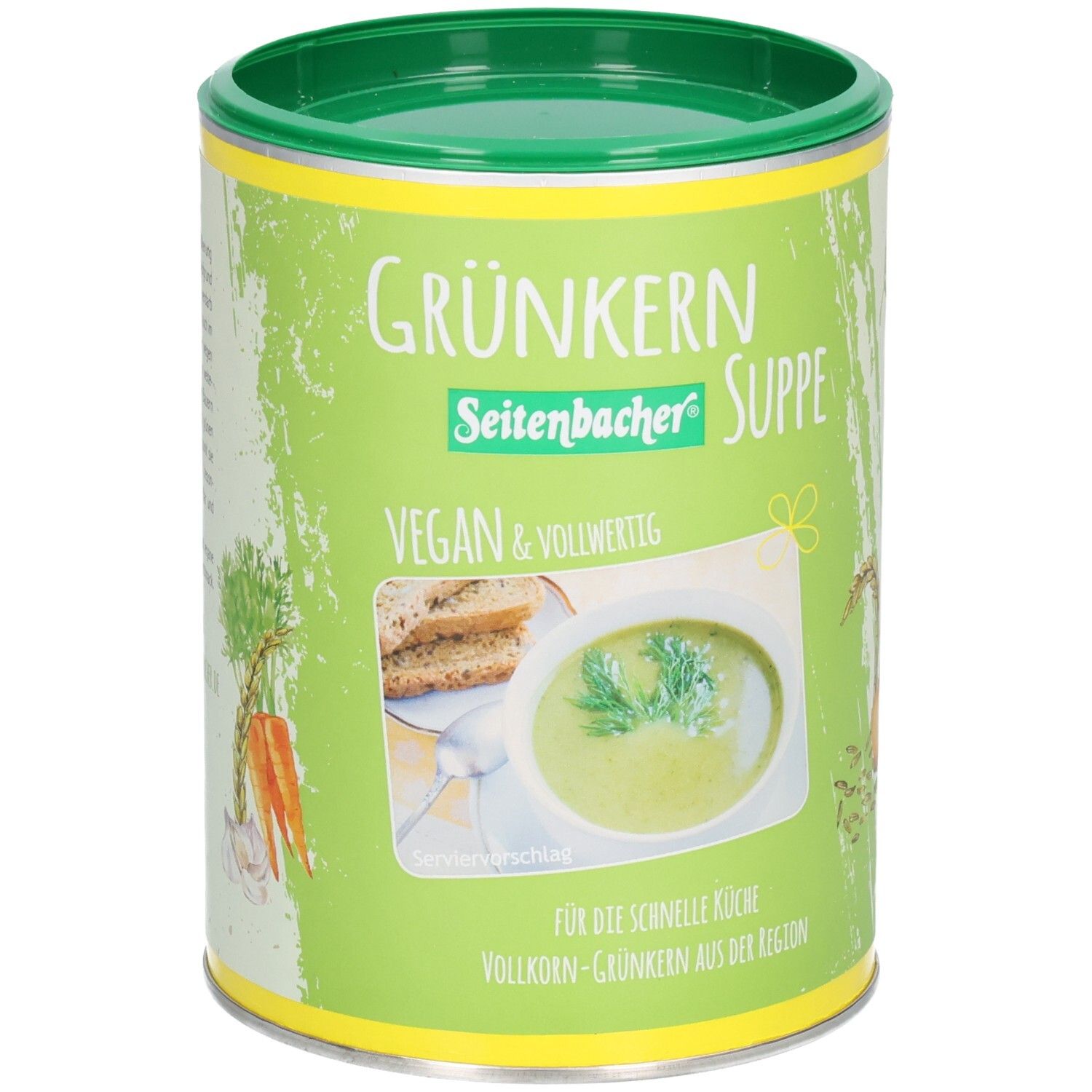 Grünkern Suppe Dose. Grün-gelbe Dose mit Produktbild. Text: Grünkern Suppe, Vegan & vollwertig. Bild: Suppe mit Brot.