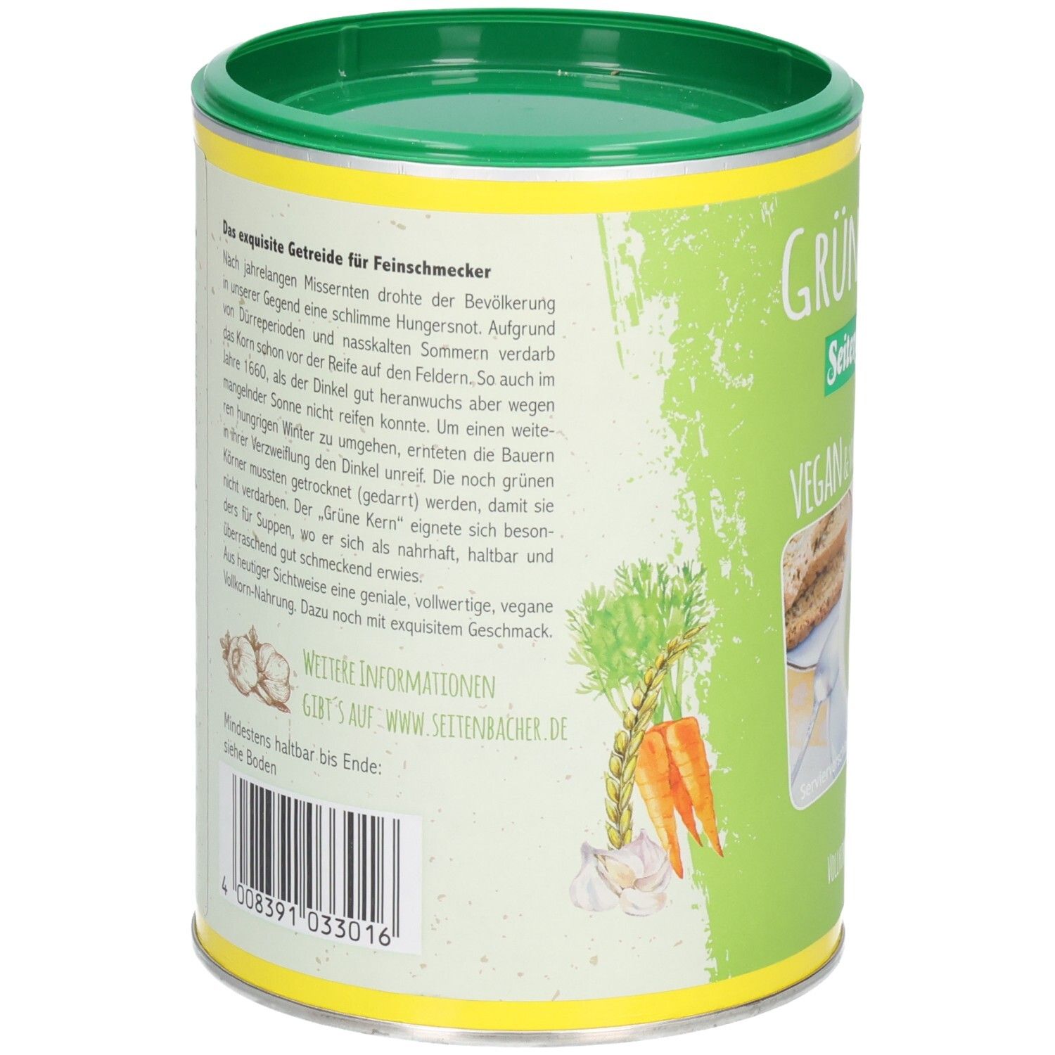 Grünkern Suppe Dose. Rückseite mit Text. Text: Informationen über Grünkern. Abbildung: Karotten, Knoblauch. Text: Mindestens haltbar bis Ende.