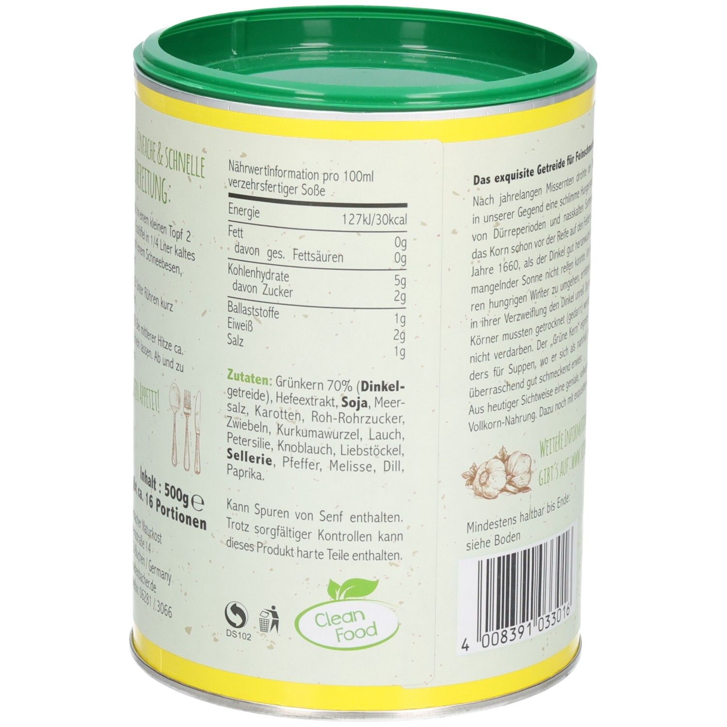 Grünkern Suppe Dose. Text: Nährwertinformationen pro 100ml. Zutatenliste. Text: Kann Spuren von Senf enthalten. Clean Food Logo.