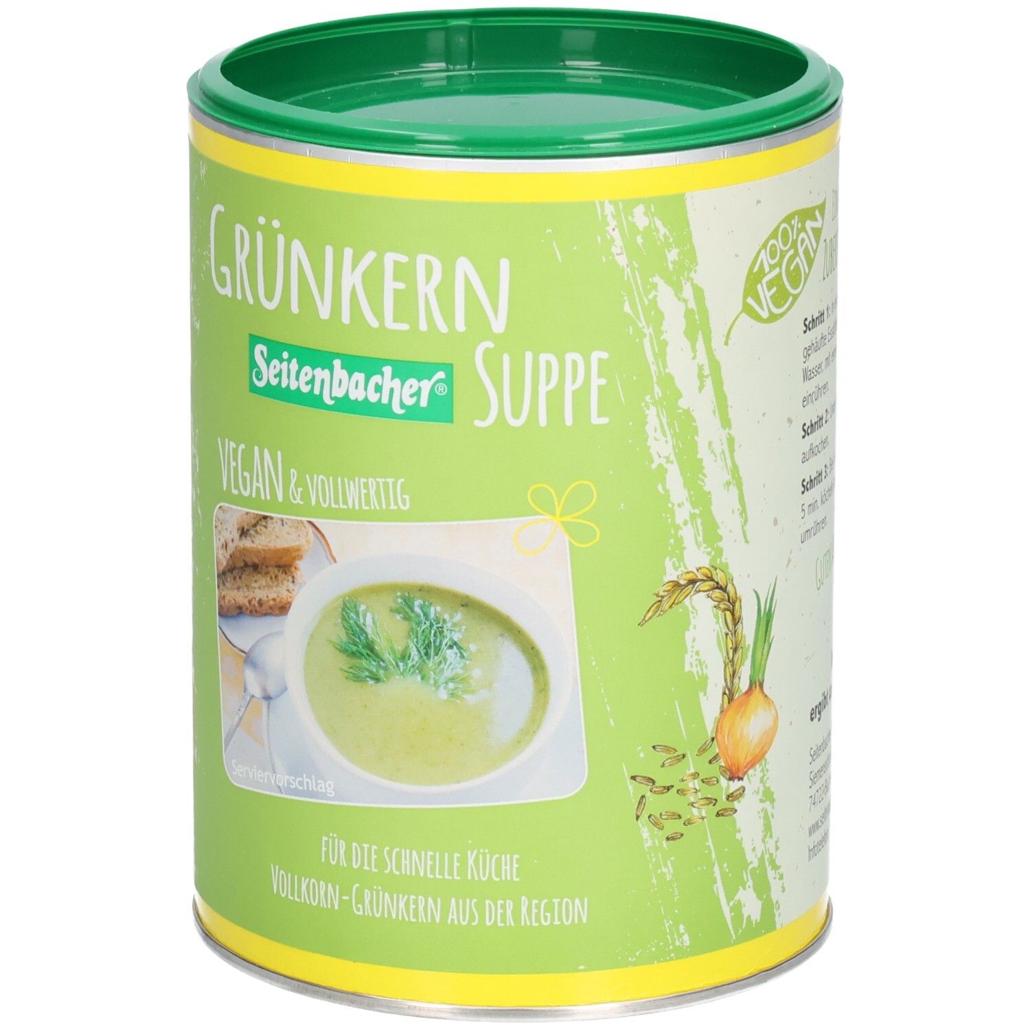 Grünkern Suppe Dose. Grün-gelbe Dose mit Produktbild. Text: Grünkern Suppe, Vegan & vollwertig. Logo: 100% Vegan. Bild: Suppe mit Zwiebeln.