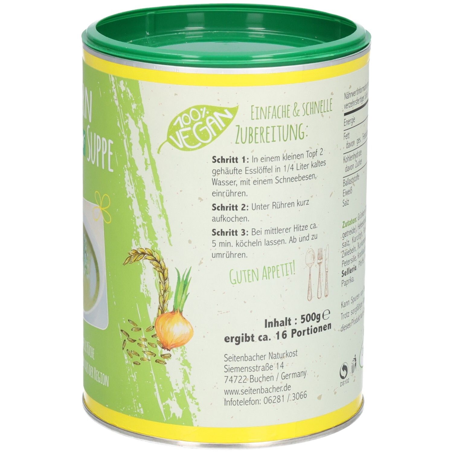 Grünkern Suppe Dose. Rückseite mit Text. Text: Einfache & schnelle Zubereitung. Text: Ergibt ca. 16 Portionen. Logo: 100% Vegan.